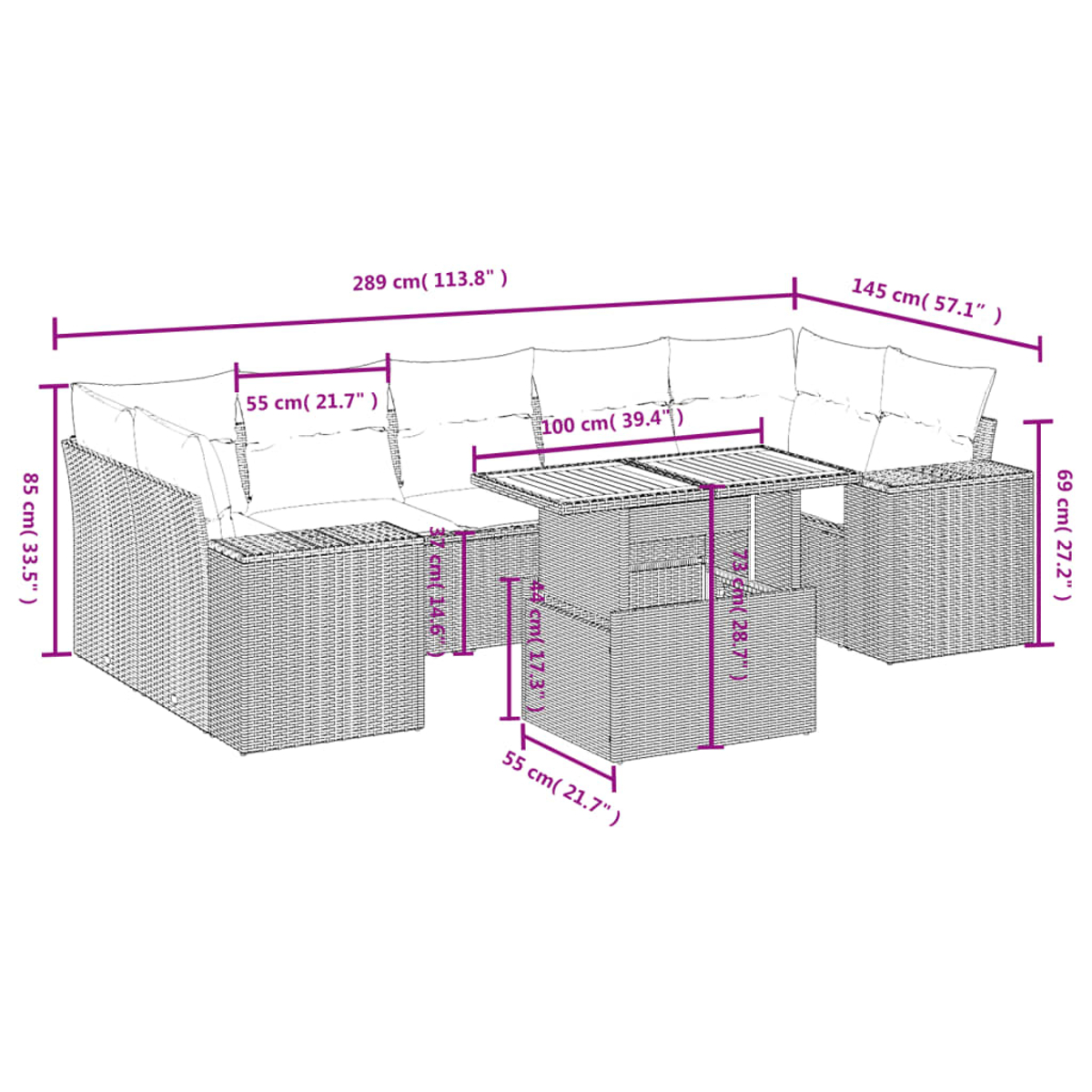 Outdoor-Wicker-Sofagarnitur mit Maßen. Enthält einen Tisch, Kissen und verschiedene Abmessungen in Zentimetern und Zoll.