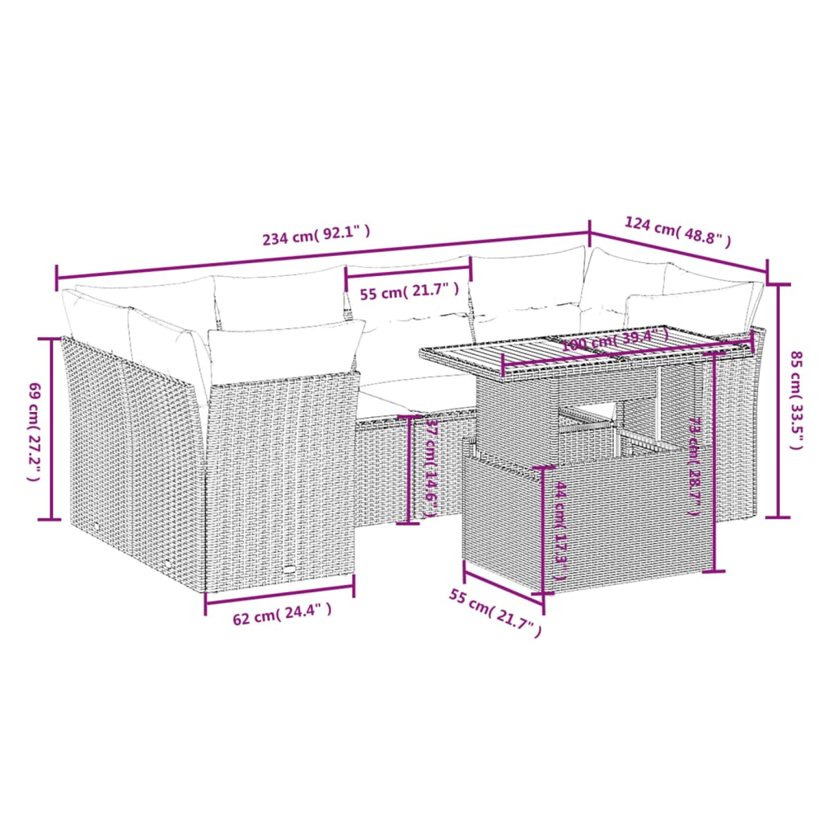 Geflochtenes Outdoor-Ecksofa und Tisch. Maße sind angegeben. Kissen sind auf dem Sofa.