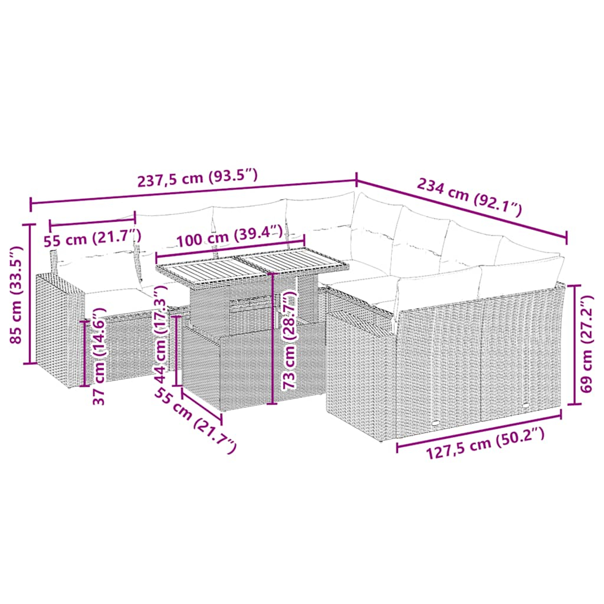 Set di mobili da esterno in rattan con dimensioni etichettate. Include un divano, un tavolino e misure in cm e pollici.