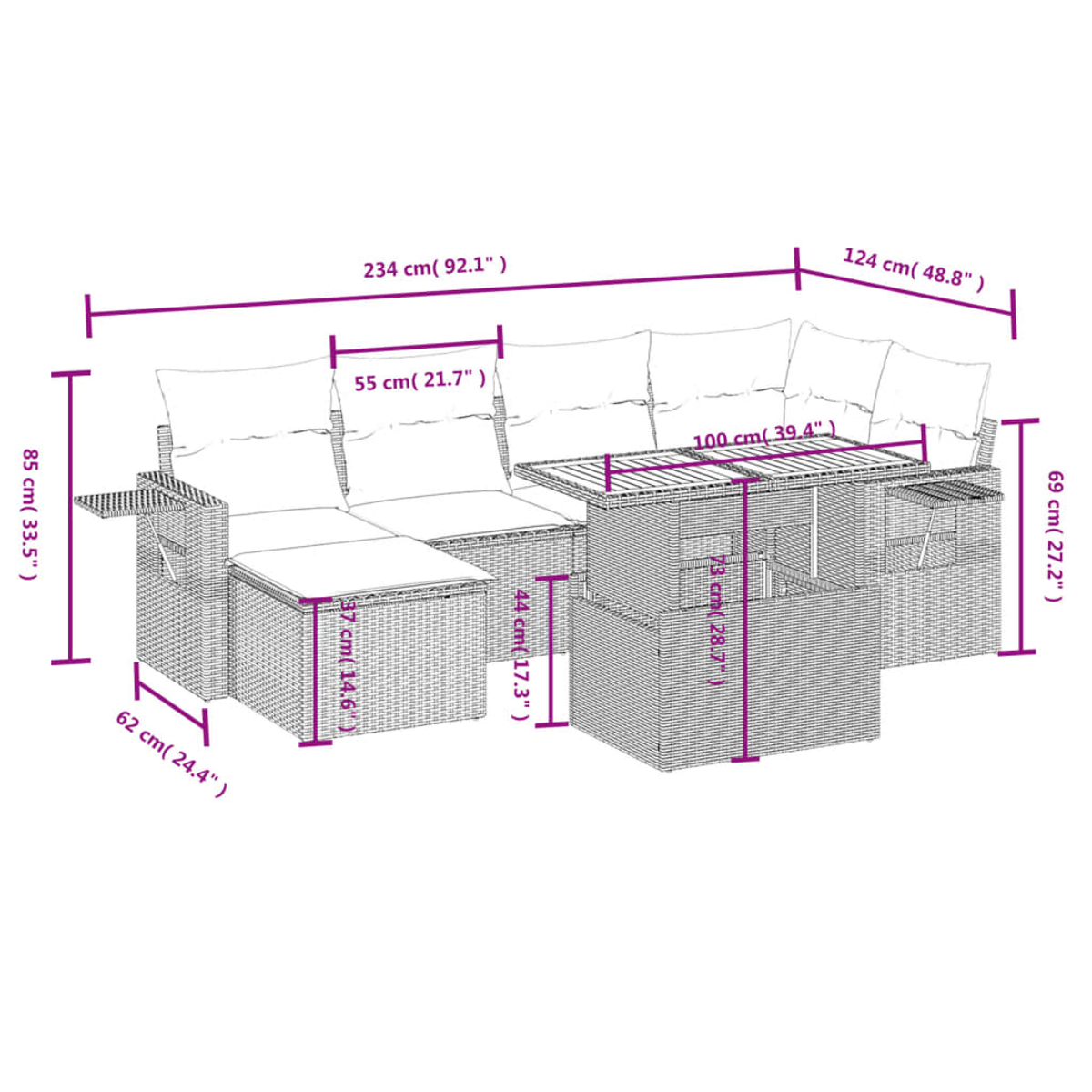 Geflochtenes Outdoor-Sofaset mit Maßangaben. Beinhaltet einen Tisch und Kissen, mit Maßen in cm und Zoll.
