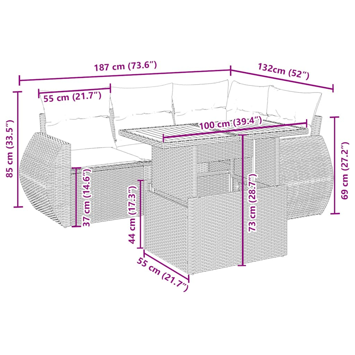 Set divano da esterno in vimini con dimensioni etichettate. Include un tavolo e cuscini. Le misure sono in cm e pollici.