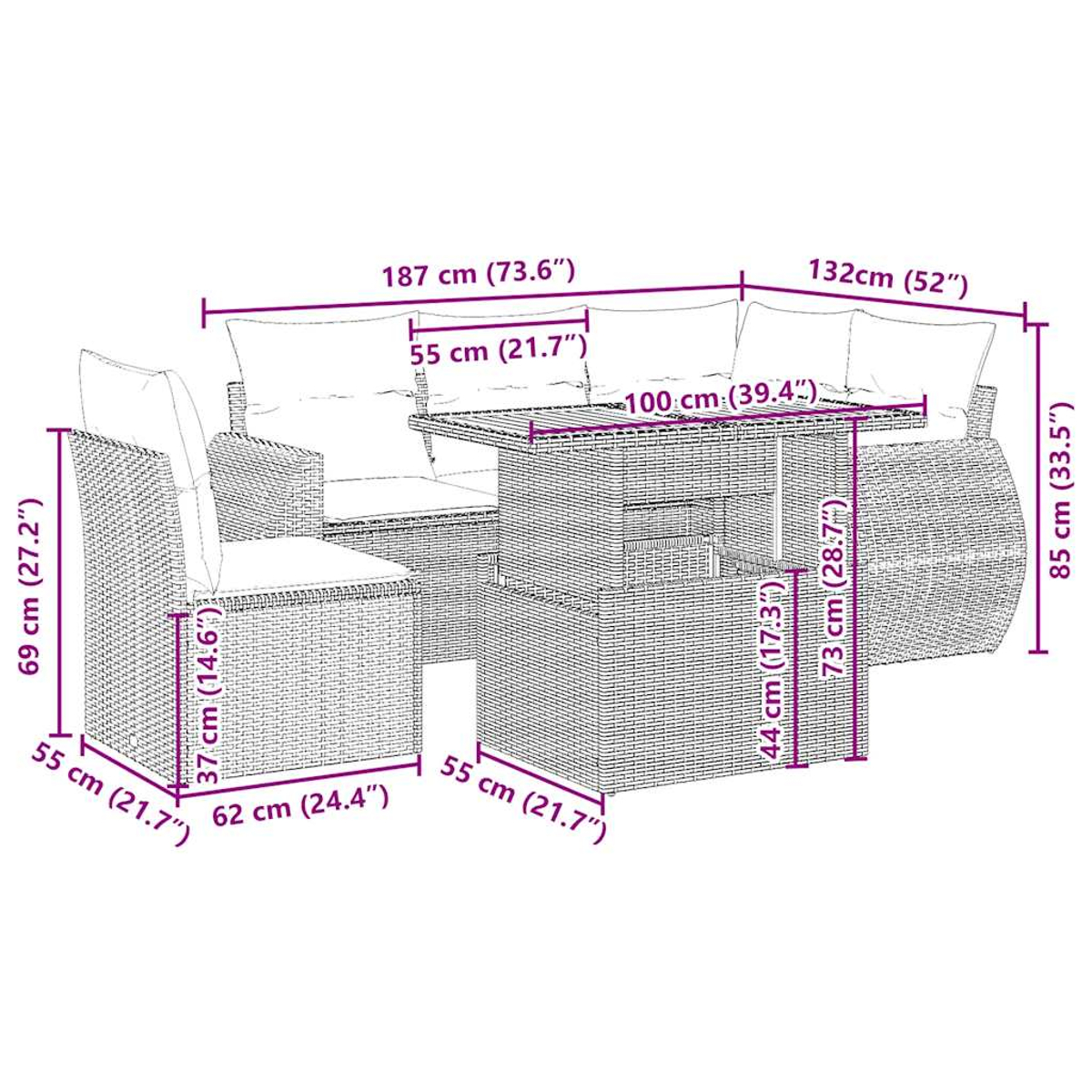 Set di mobili da esterno in vimini con dimensioni etichettate. Include un divano, una sedia e un tavolo. Le misure sono in cm e pollici.