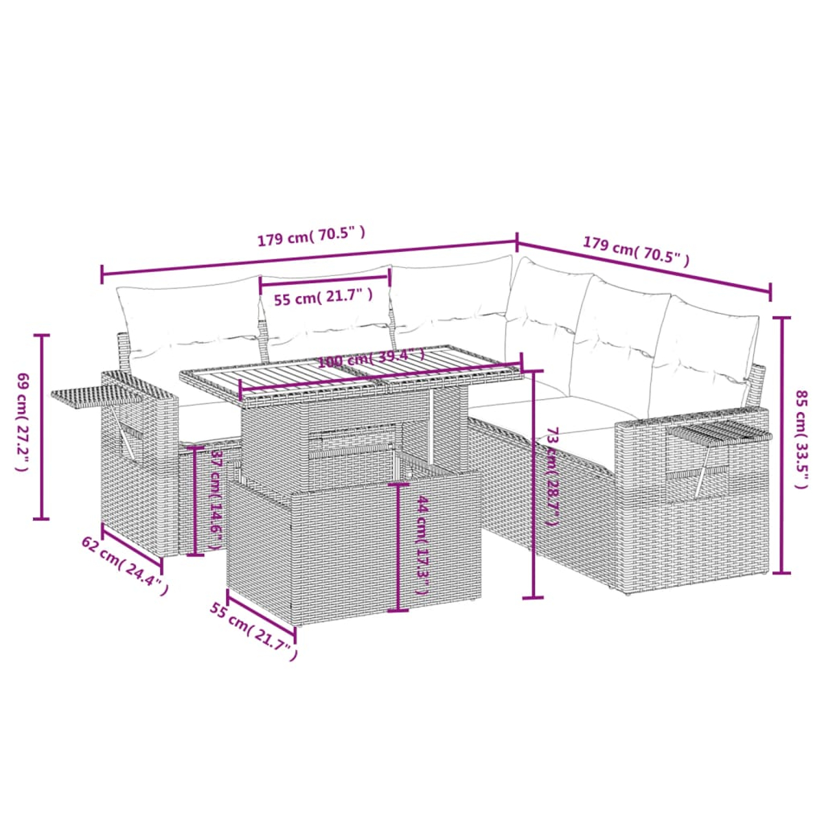 Graues Outdoor-Ecksofa aus Korbgeflecht mit Kissen und einem Tisch mit Maßangaben in Zentimetern und Zoll.