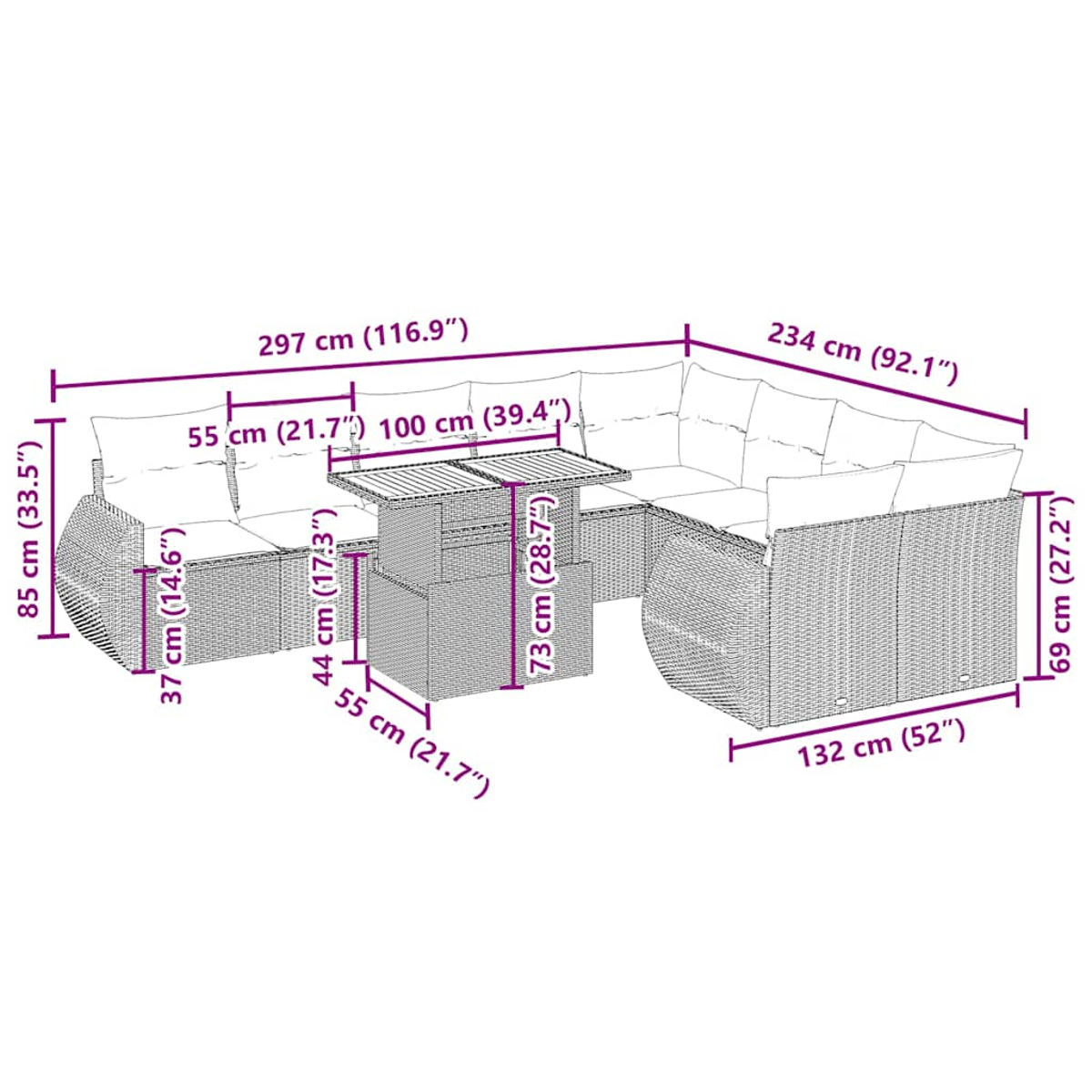 Ein Outdoor-Rattan-Sofaset mit beschrifteten Abmessungen. Es umfasst einen Tisch, zwei Sofas und Maße in Zentimetern und Zoll.