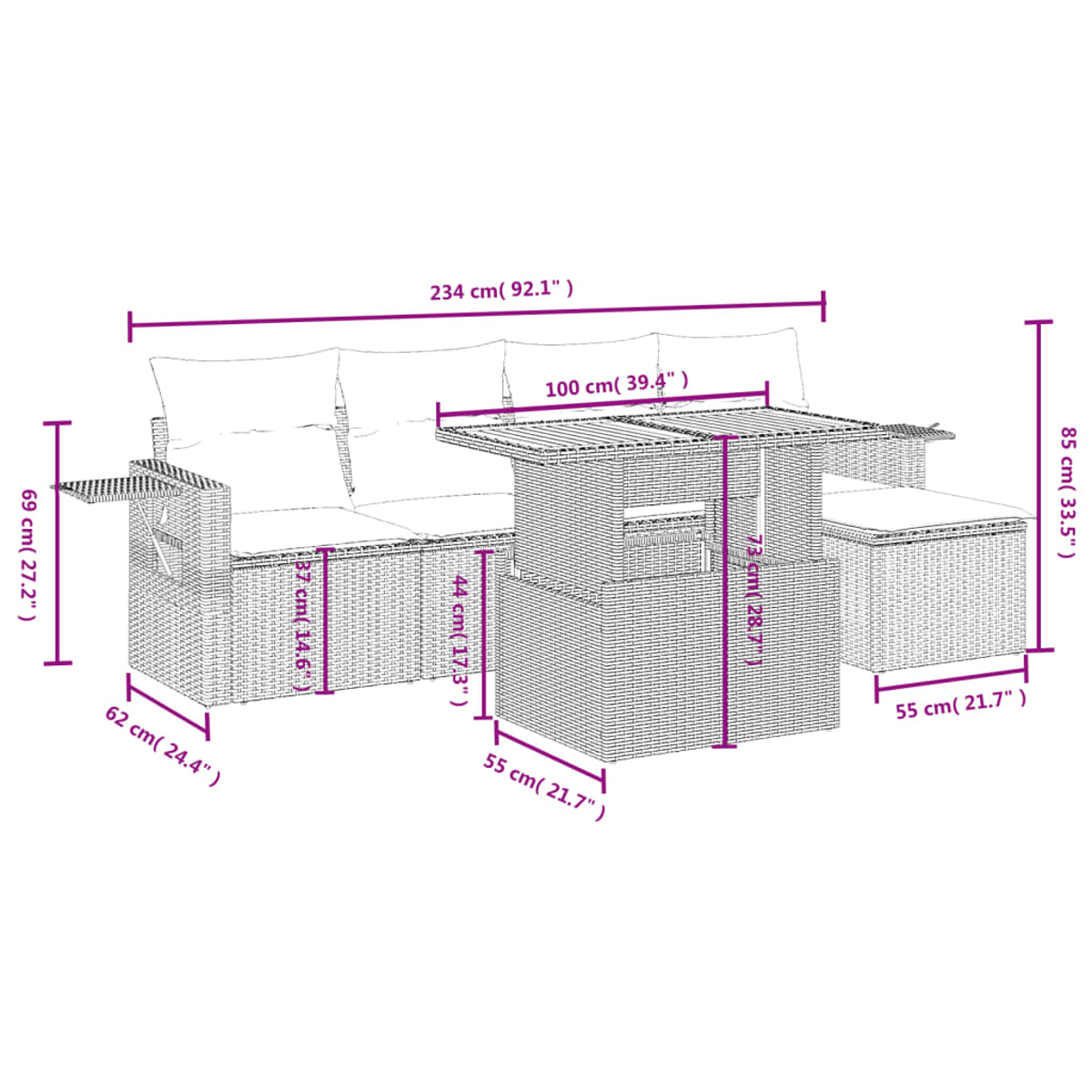 Ein Gartenmöbelset aus Korbgeflecht mit Sofa, Tisch und Ottomane, beschriftet mit Abmessungen in cm und Zoll.