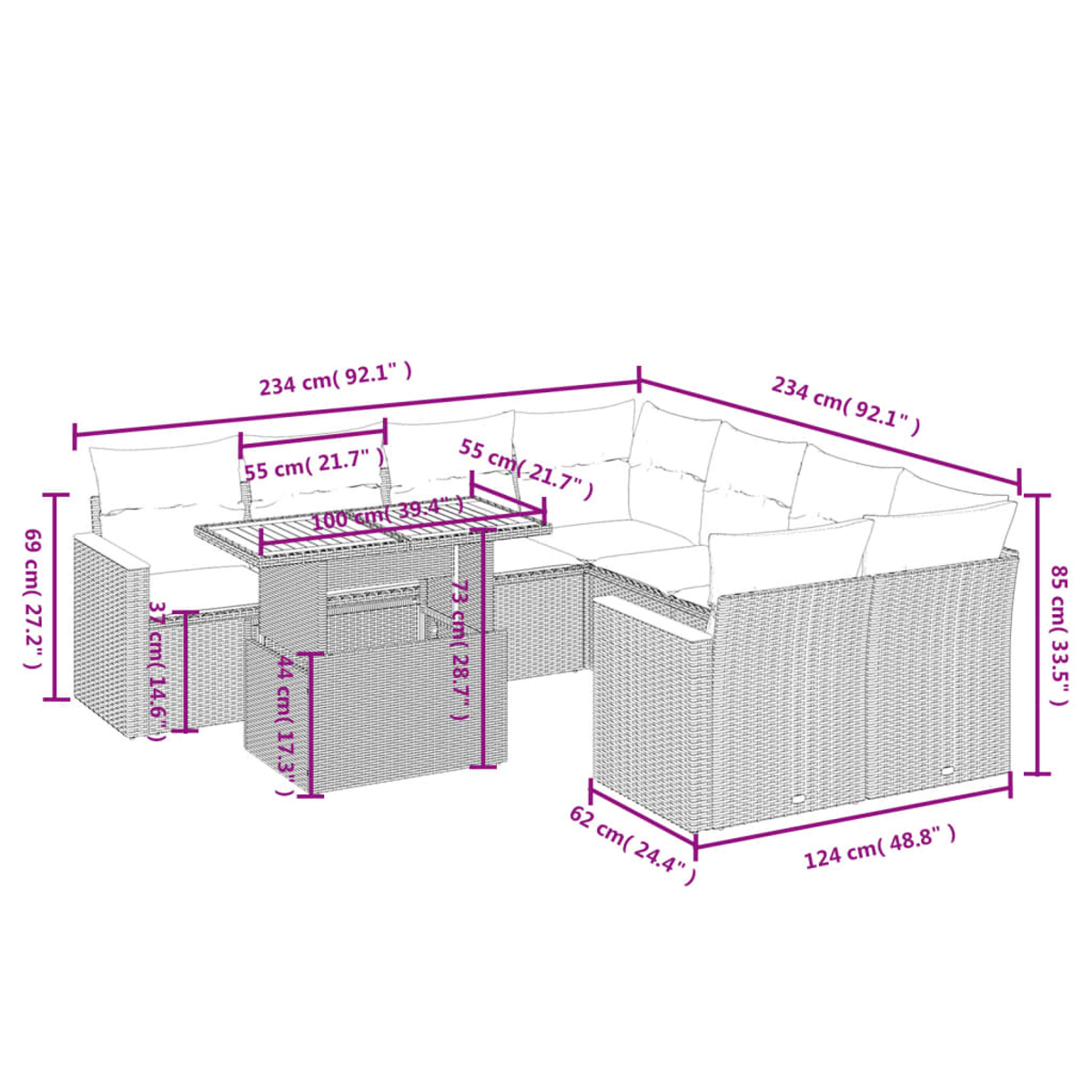 Ein Ecksofa aus Korbgeflecht mit Tisch, mit Maßangaben. Das Sofa ist cremefarben mit Kissen und Tisch.
