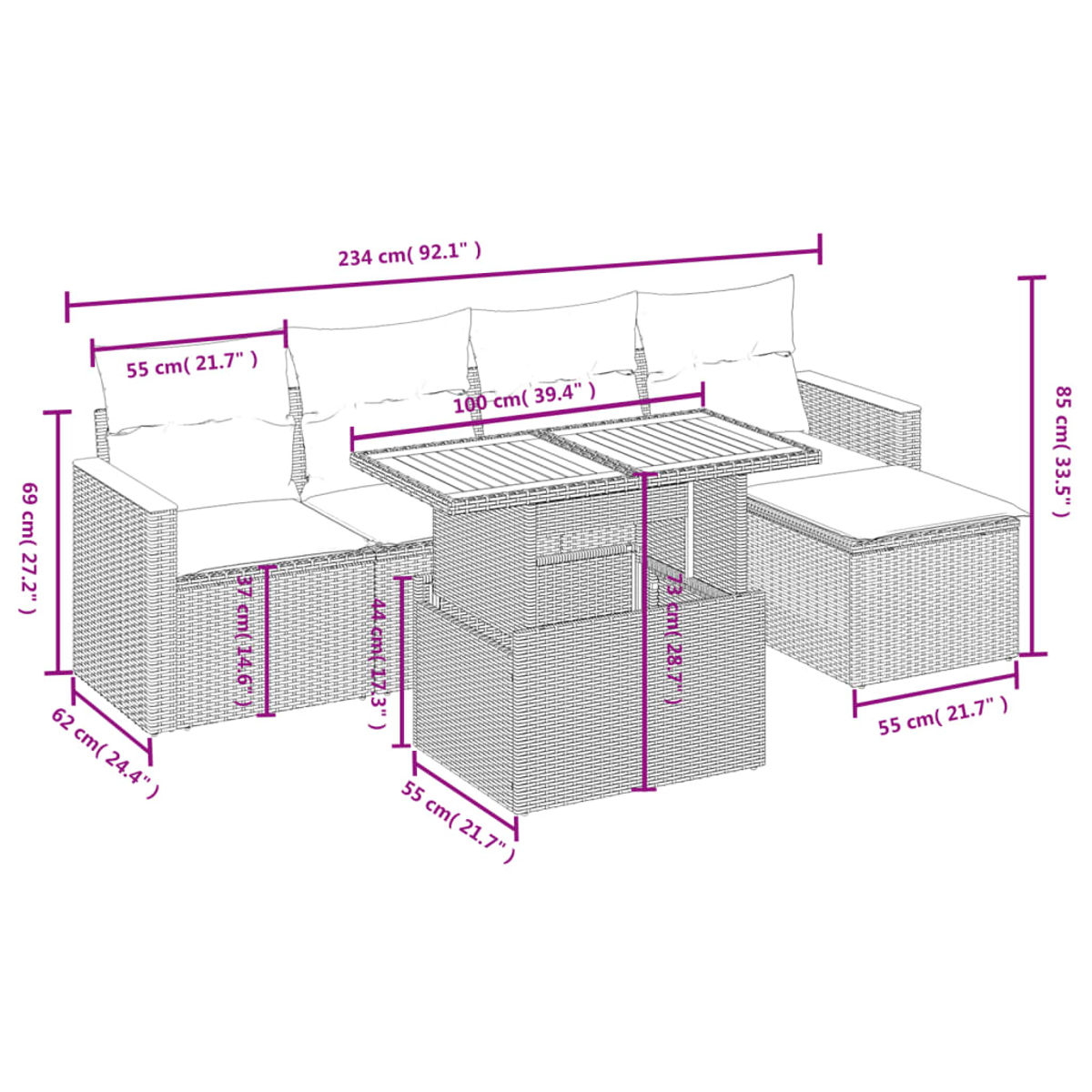 Outdoor-Rattansofa-Set mit Maßangaben. Besteht aus Sofa, Tisch und Ottomane. Maße in cm und Zoll.
