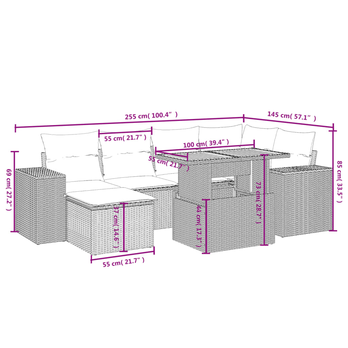 Geflochtenes Outdoor-Möbel-Set mit Größenangaben. Enthält Sofa, Hocker und Tisch, mit Maßen in cm und Zoll.