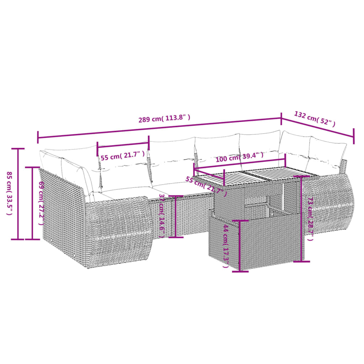 Outdoor-Wicker-Sofa-Set mit beschrifteten Maßen. Enthält ein großes Sofa, einen Tisch und Abmessungen in cm und Zoll.