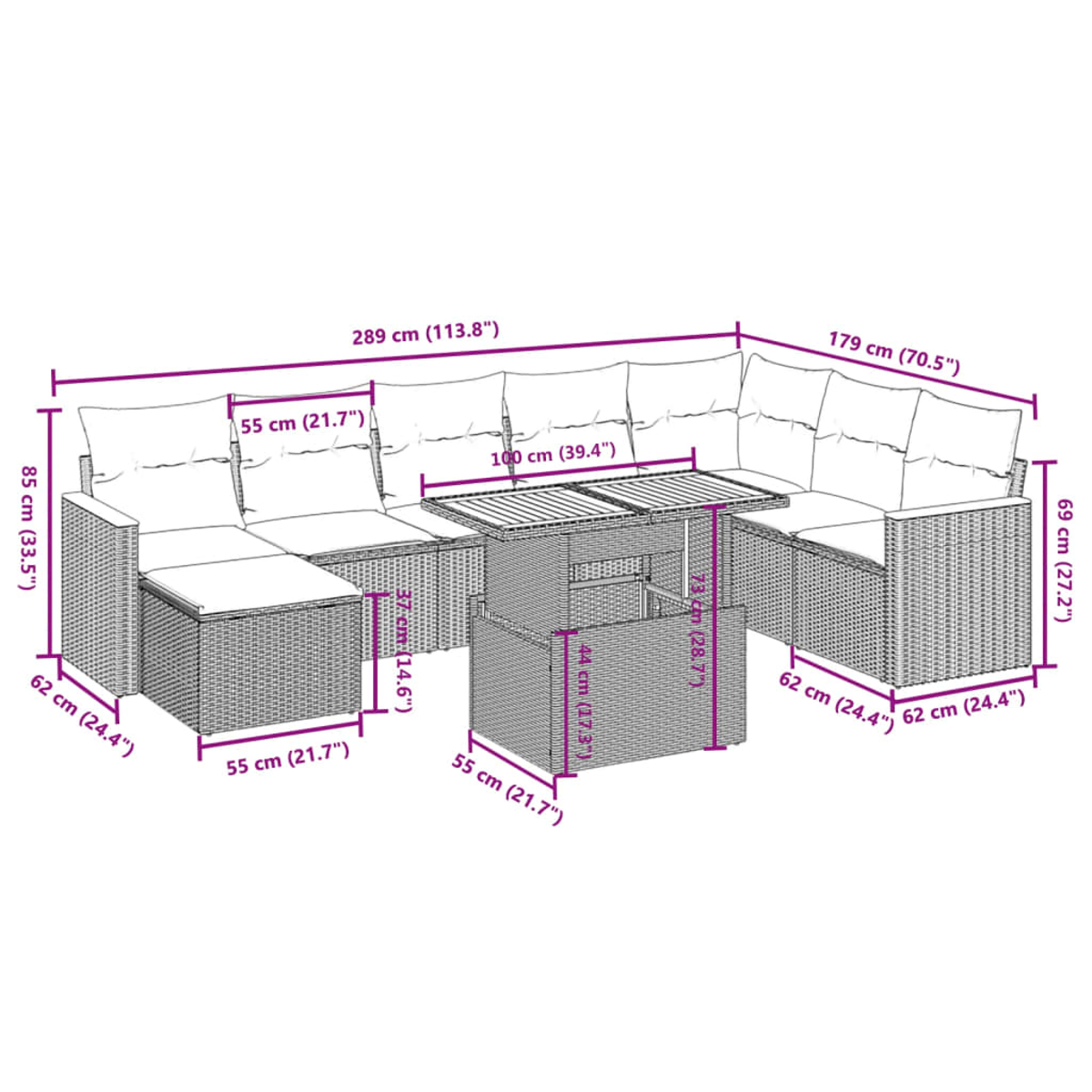 Ein geflochtenes Outdoor-Ecksofa mit Maßangaben. Es umfasst einen Tisch und Kissen. Das Setup scheint für den Außenbereich geeignet zu sein.