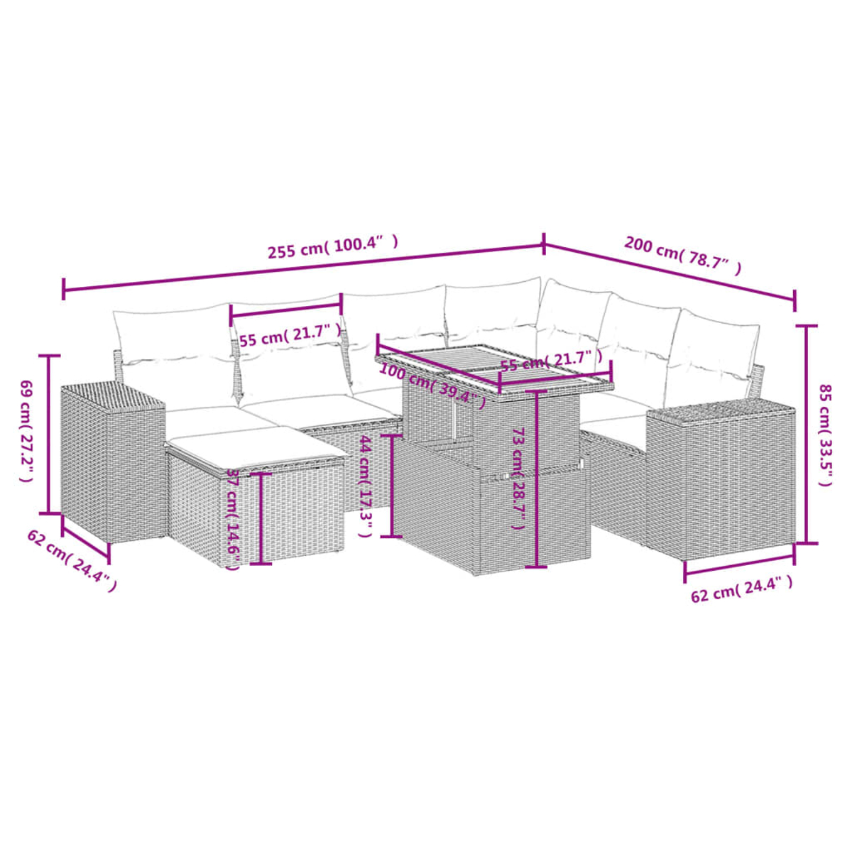 Outdoor-Wicker-Ecksofa mit Maßen, einschließlich Tisch und Kissen. Maße in cm und Zoll sind angegeben.