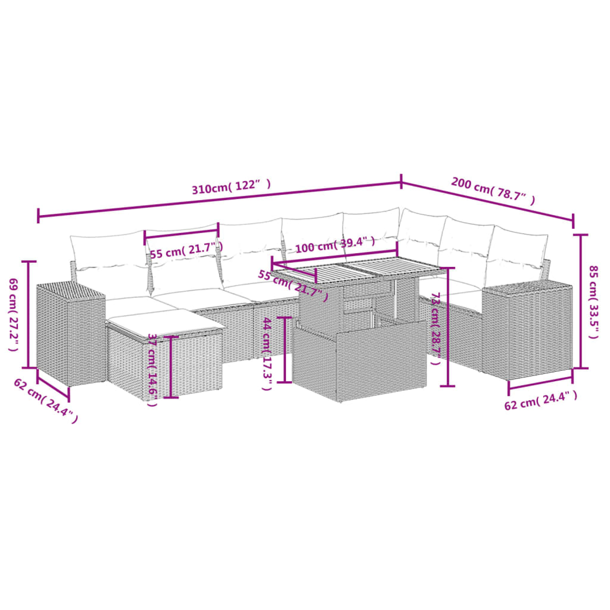 Outdoor-Rattan-Möbelset mit Maßangaben, einschließlich Sofa, Tisch und Fußstütze.