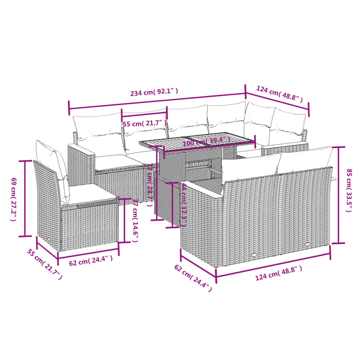 Gartenmöbel-Set aus Korbgeflecht mit Maßen. Enthält Sofa, Stühle und Tisch mit Kissen. Maße in cm und Zoll.