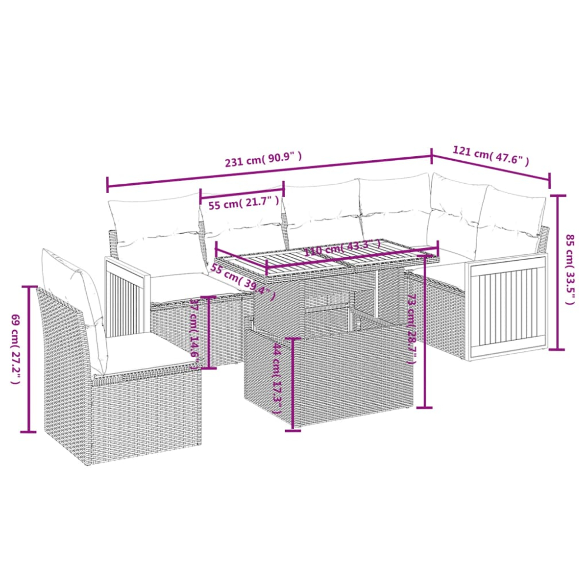 Gartenmöbel-Set aus Korb: Ecksofa, Tisch und Stuhl. Maße in cm und Zoll angegeben, auf weißem Hintergrund.