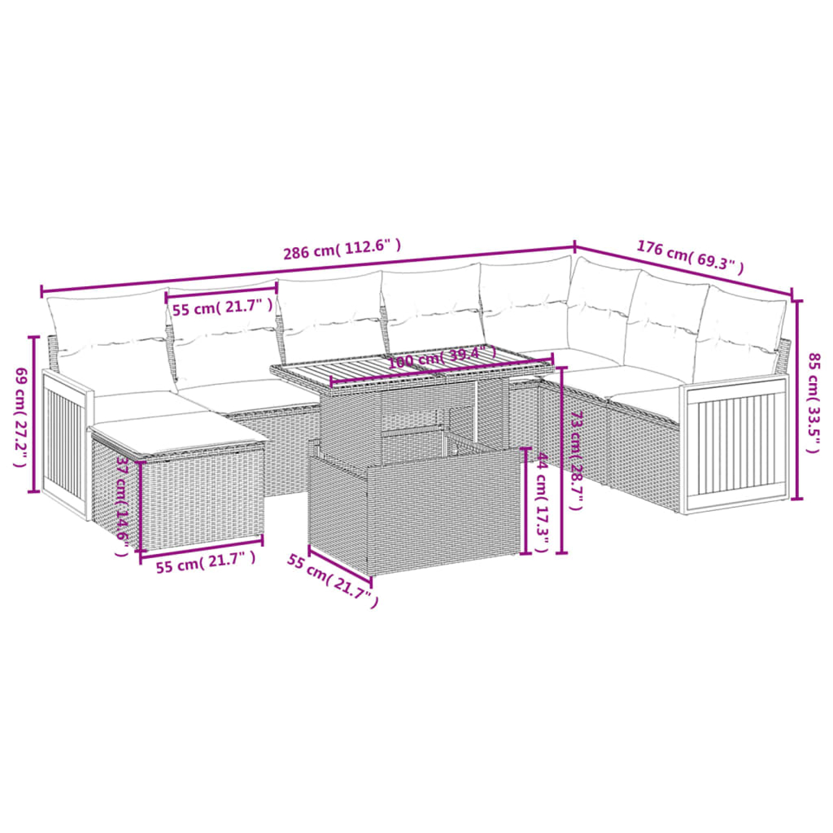 Geflecht-Gartenmöbel-Set mit Maßen. Enthält ein Ecksofa, einen Tisch und einen kleinen Hocker. Maße werden angezeigt.