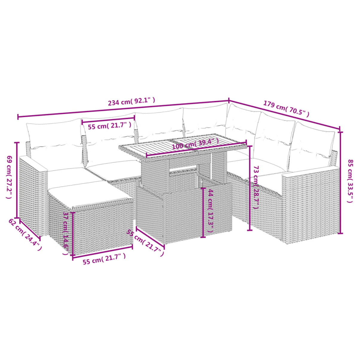 Ein Rattan-Gartenmöbelset mit Sofa, Ottoman und Tisch, mit Abmessungen in Zentimetern und Zoll.