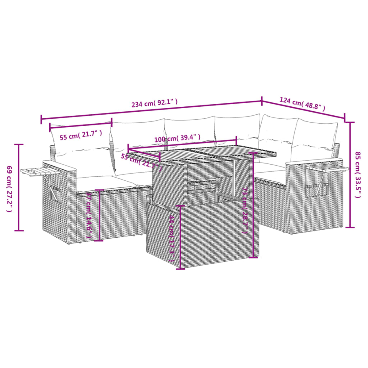 Ein Diagramm zeigt ein Rattansofa-Set mit Abmessungen. Enthält einen Tisch. Maße sind in Zentimetern und Zoll. Weißer Hintergrund.