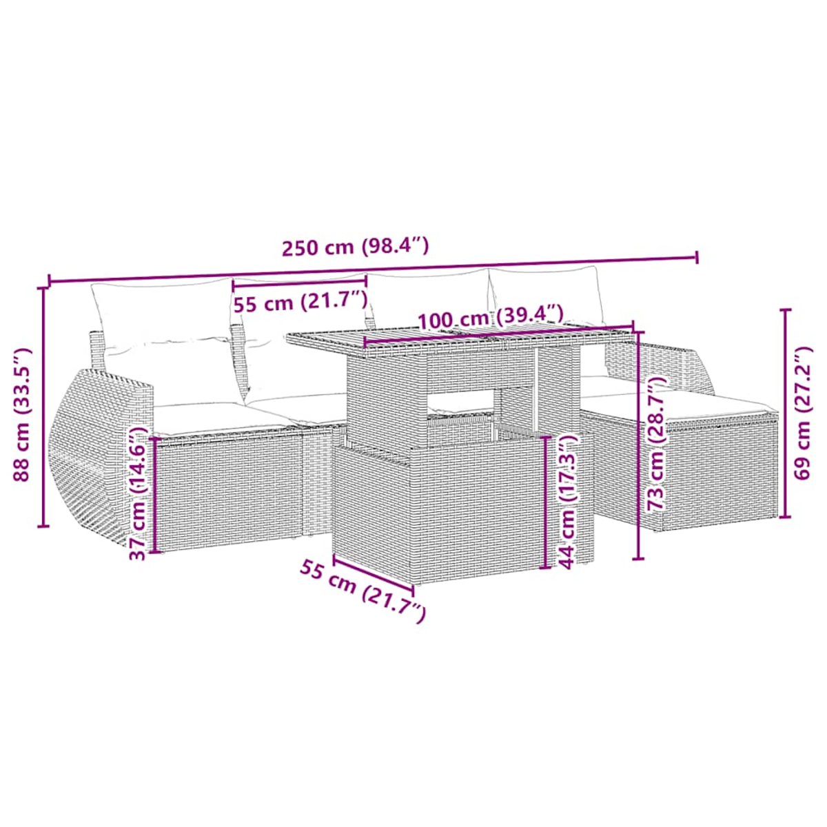Geflochtenes Gartenmöbel-Set mit Maßangaben. Beinhaltet ein Sofa, einen Tisch und eine Ottomane. Maße in cm und Zoll sind angegeben.