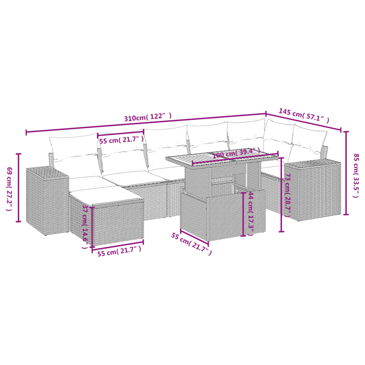 Ein Gartenmöbelset mit Sofa, Tisch und zwei Beistelltischen, Maße in Zentimetern und Zoll angegeben.