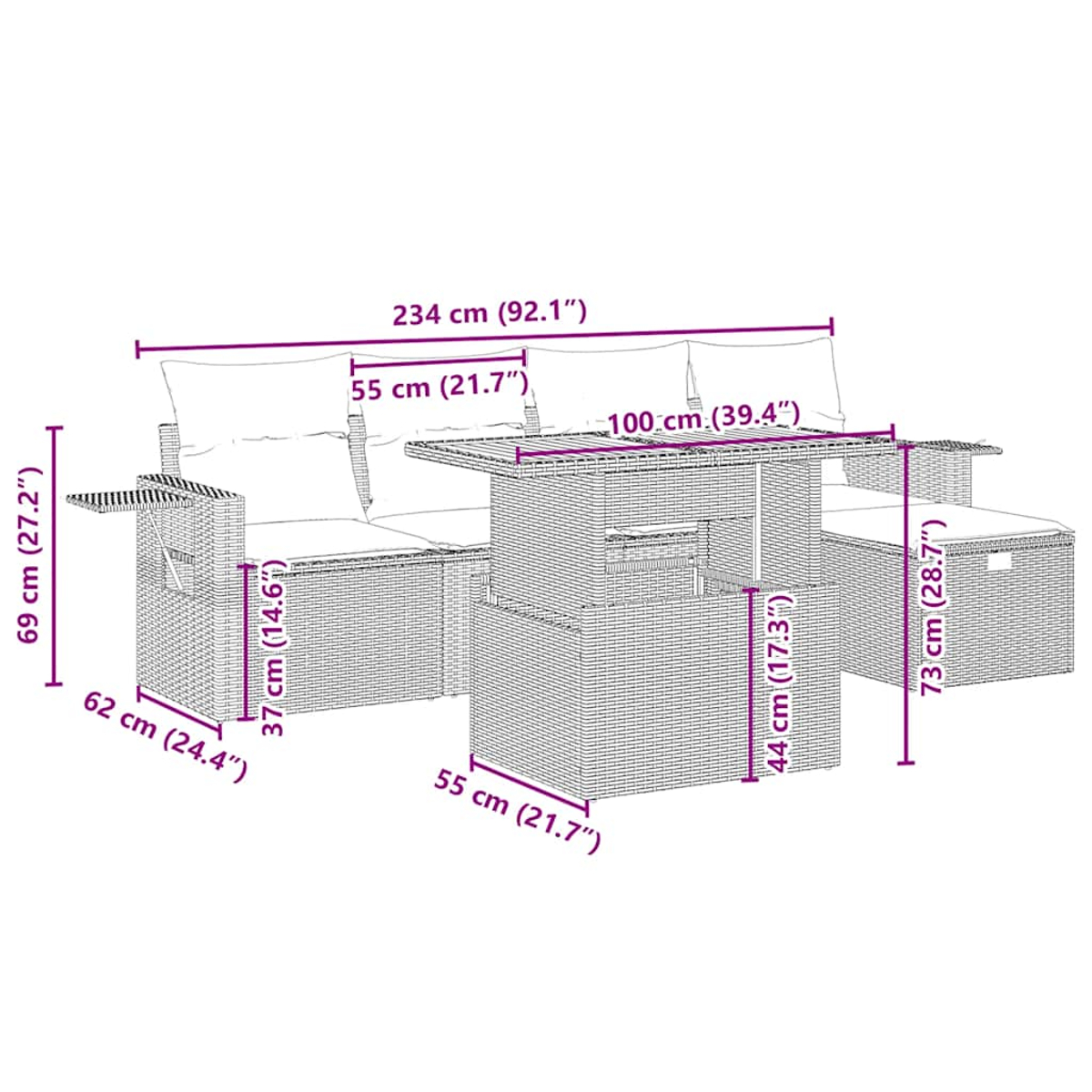 Un set da patio in rattan con dimensioni etichettate. Include un divano, un tavolo e una panca. Le linee di misurazione puntano a ogni pezzo.