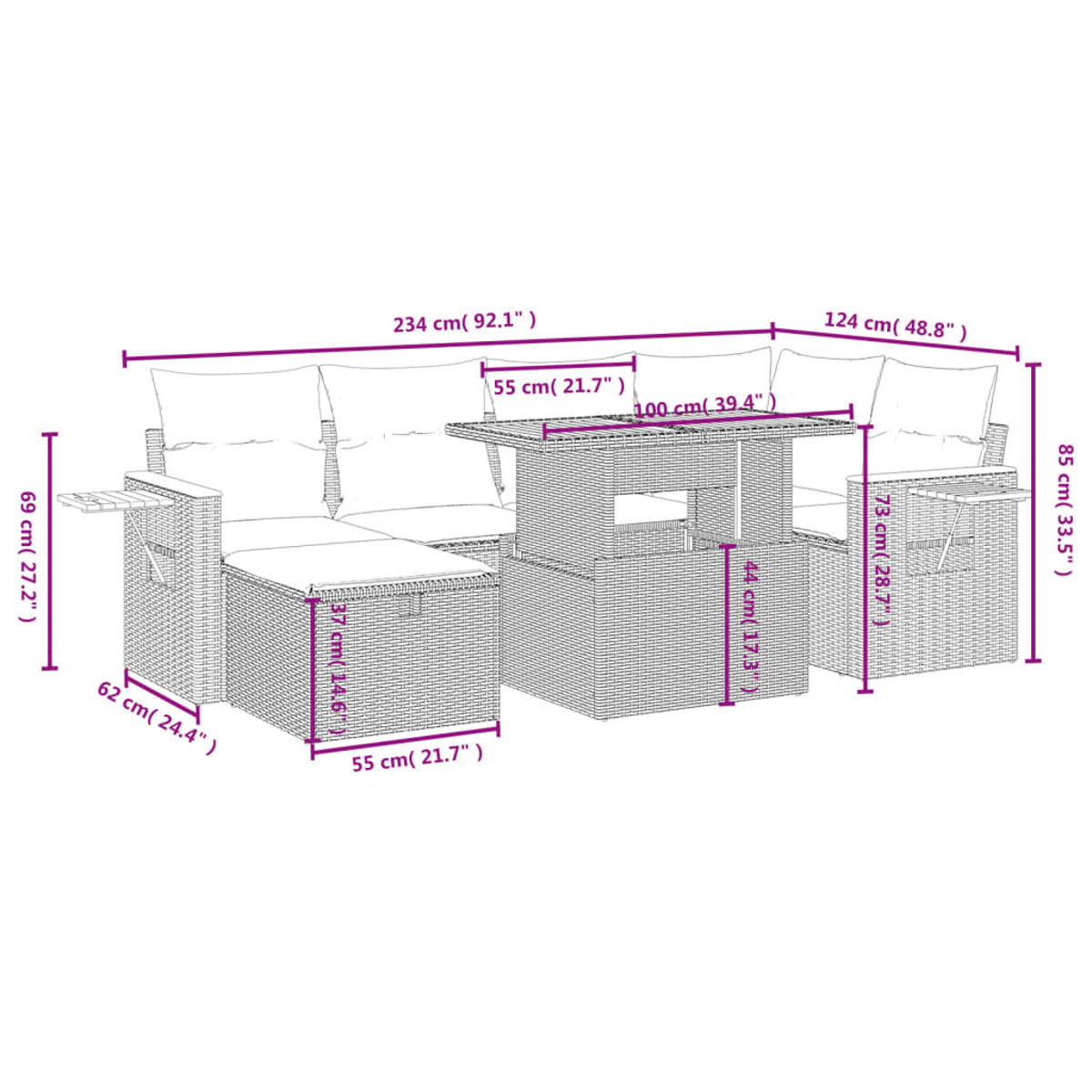 Un diagrama de muebles de exterior. Incluye un sofá, un sillón, una mesa y un reposapiés. Se incluyen dimensiones.