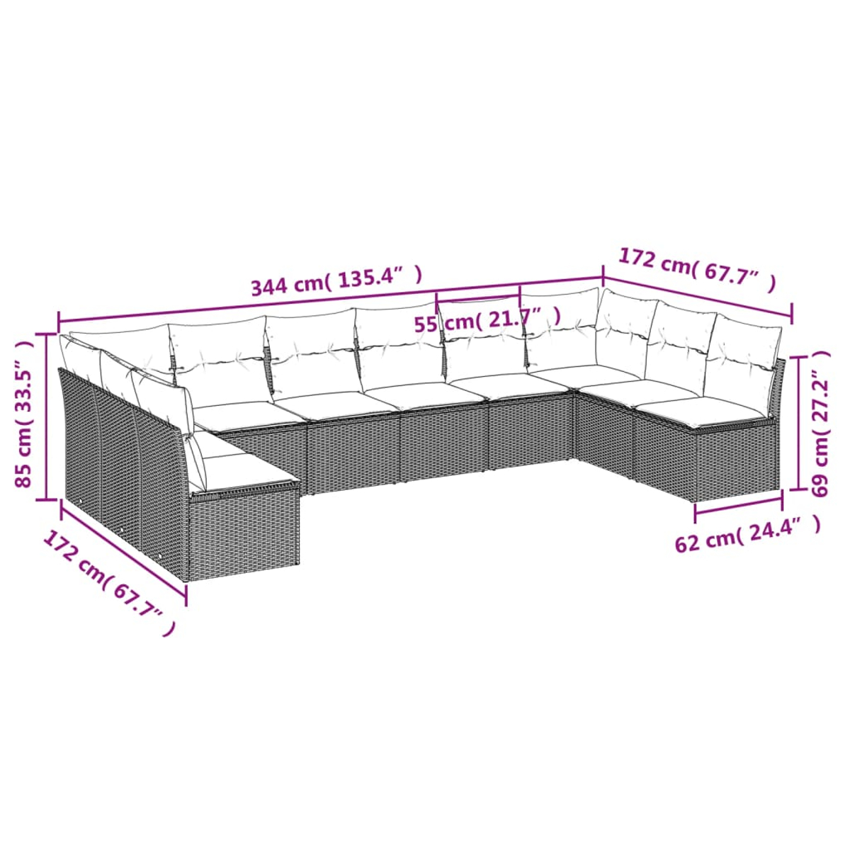 Ein großes, U-förmiges Outdoor-Wicker-Sofa mit weißen Kissen. Maße sind in Zentimetern und Zoll angegeben.