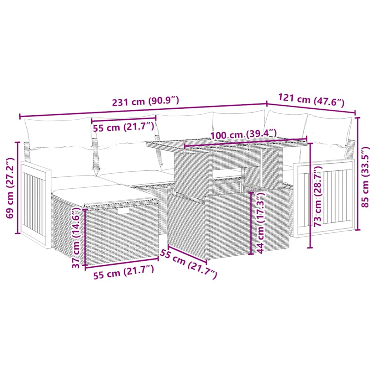 Set di mobili da esterno in rattan con dimensioni etichettate: divano, tavolo e poggiapiedi. Cuscini beige. Misure in cm e pollici.