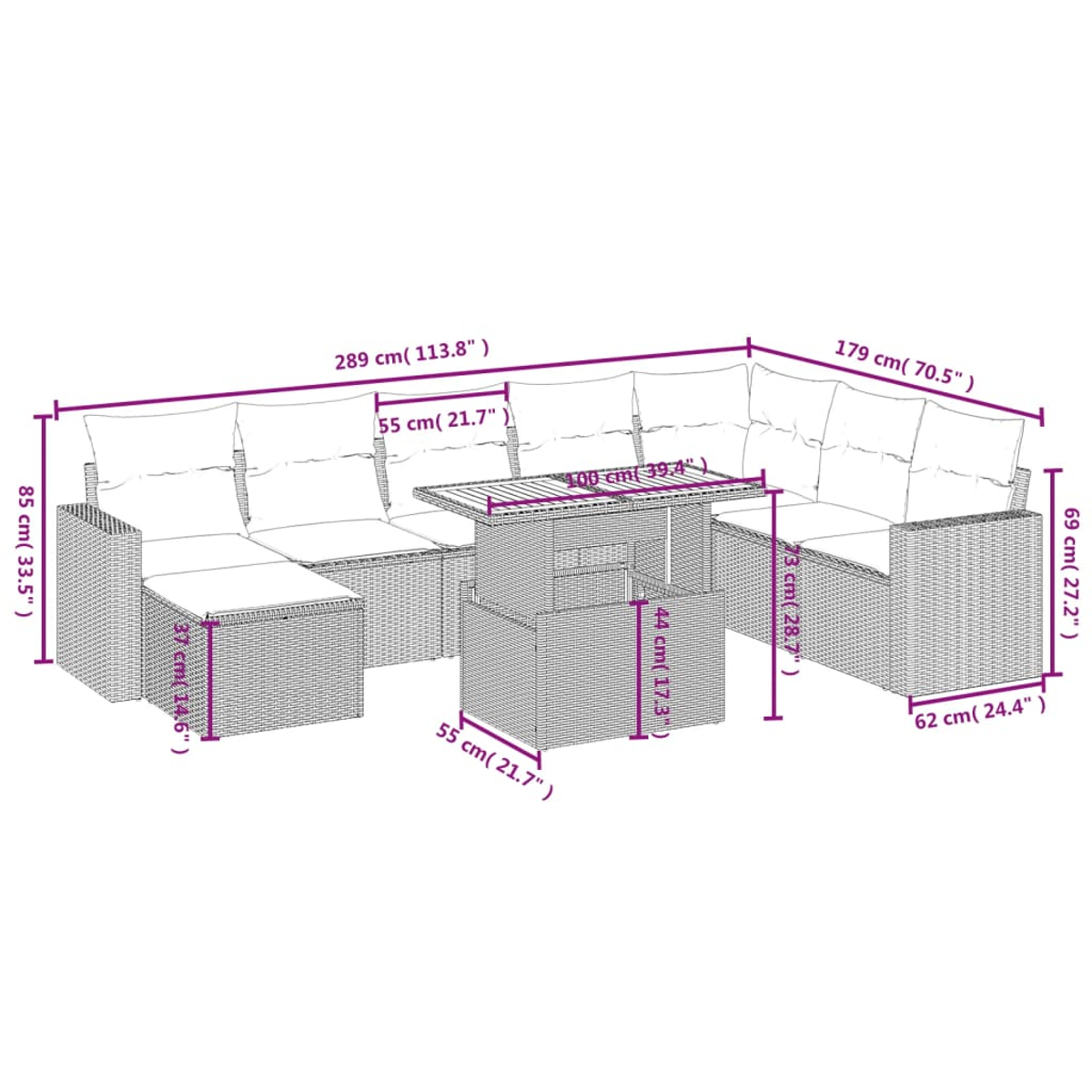 Un set di mobili da esterno in rattan con dimensioni etichettate. Include un divano, un tavolino e un poggiapiedi. Il set è di colore marrone chiaro.