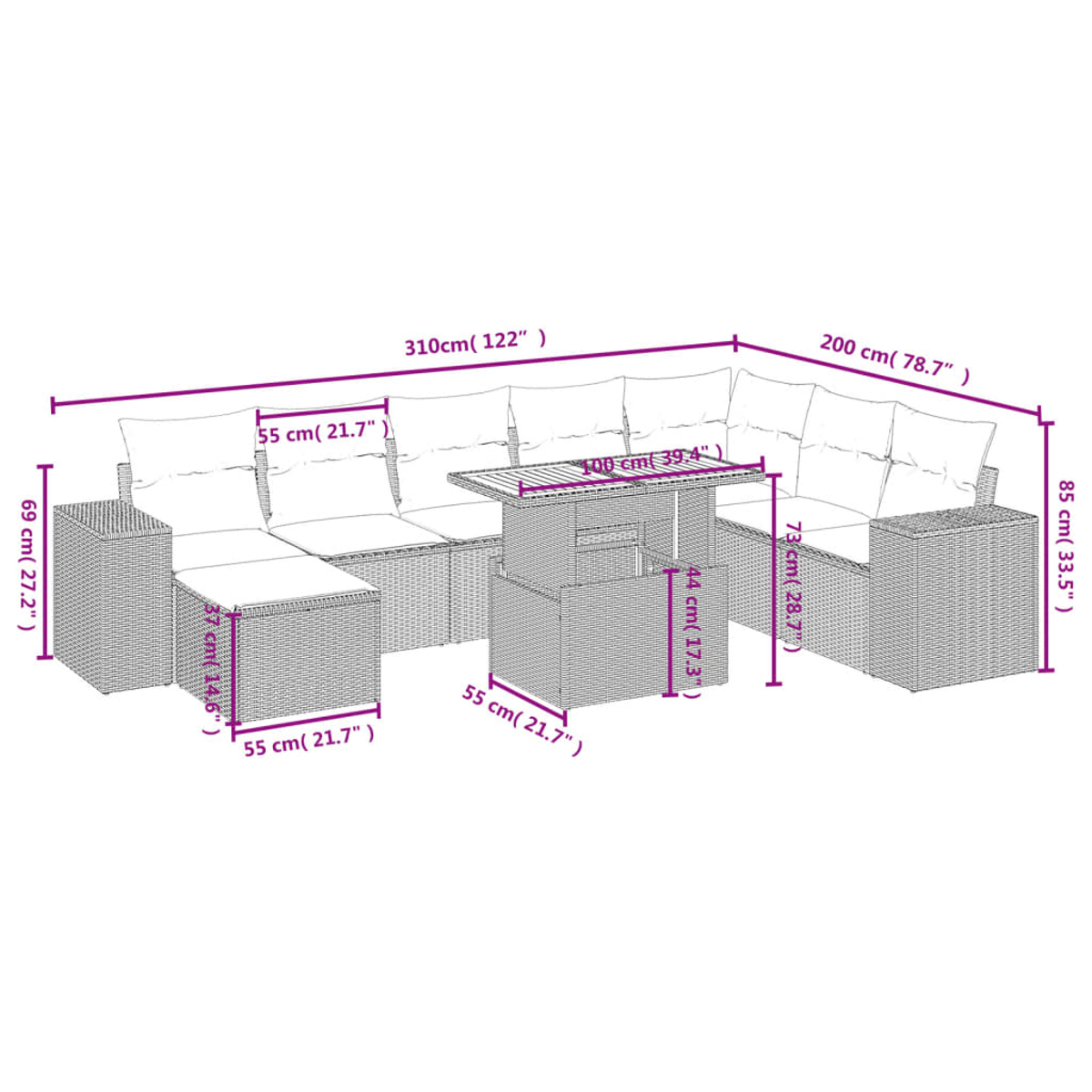 Diagramma dettagliato di un set di mobili da esterno in vimini con dimensioni. Include divano, pouf, tavolino e tavolino laterale.