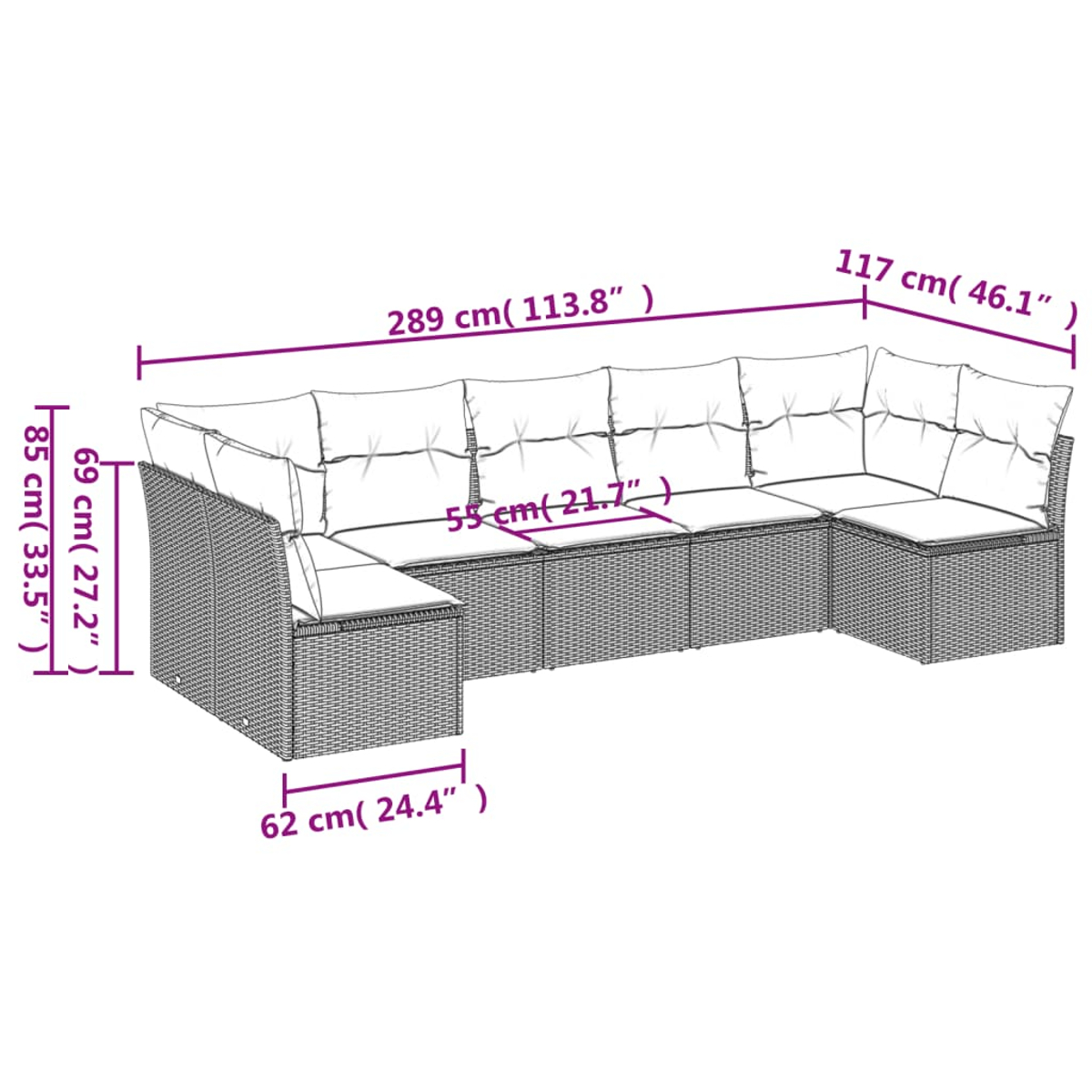 Graues Rattan-Ecksofa mit weißen Kissen. Maße sind mit Pfeilen und Textbeschriftungen dargestellt. Das Sofa steht auf weißem Grund.