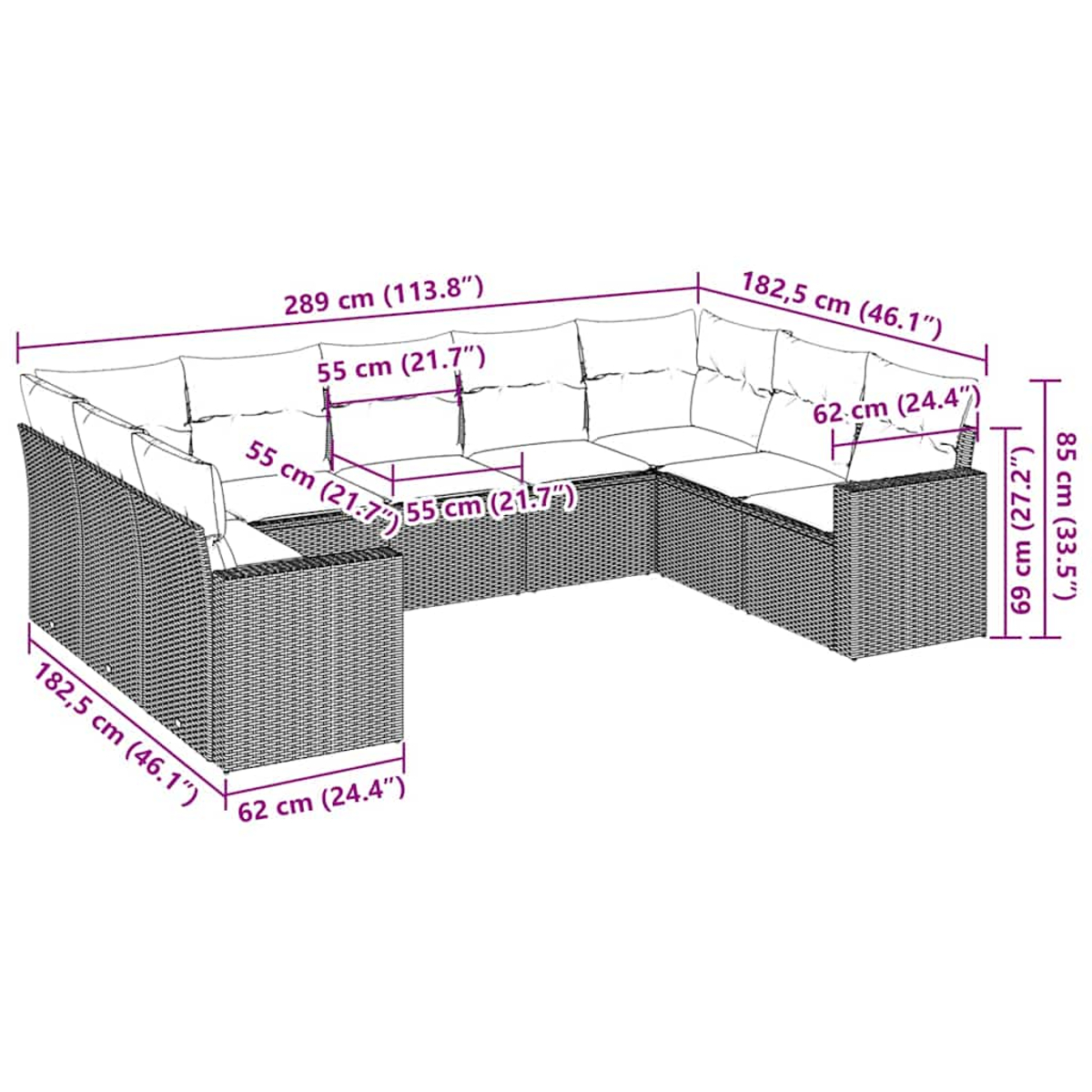 Ein U-förmiges Outdoor-Sofa mit beschrifteten Abmessungen. Es hat eine gewebte Textur und weiße Kissen. Maße in cm und Zoll sind sichtbar.