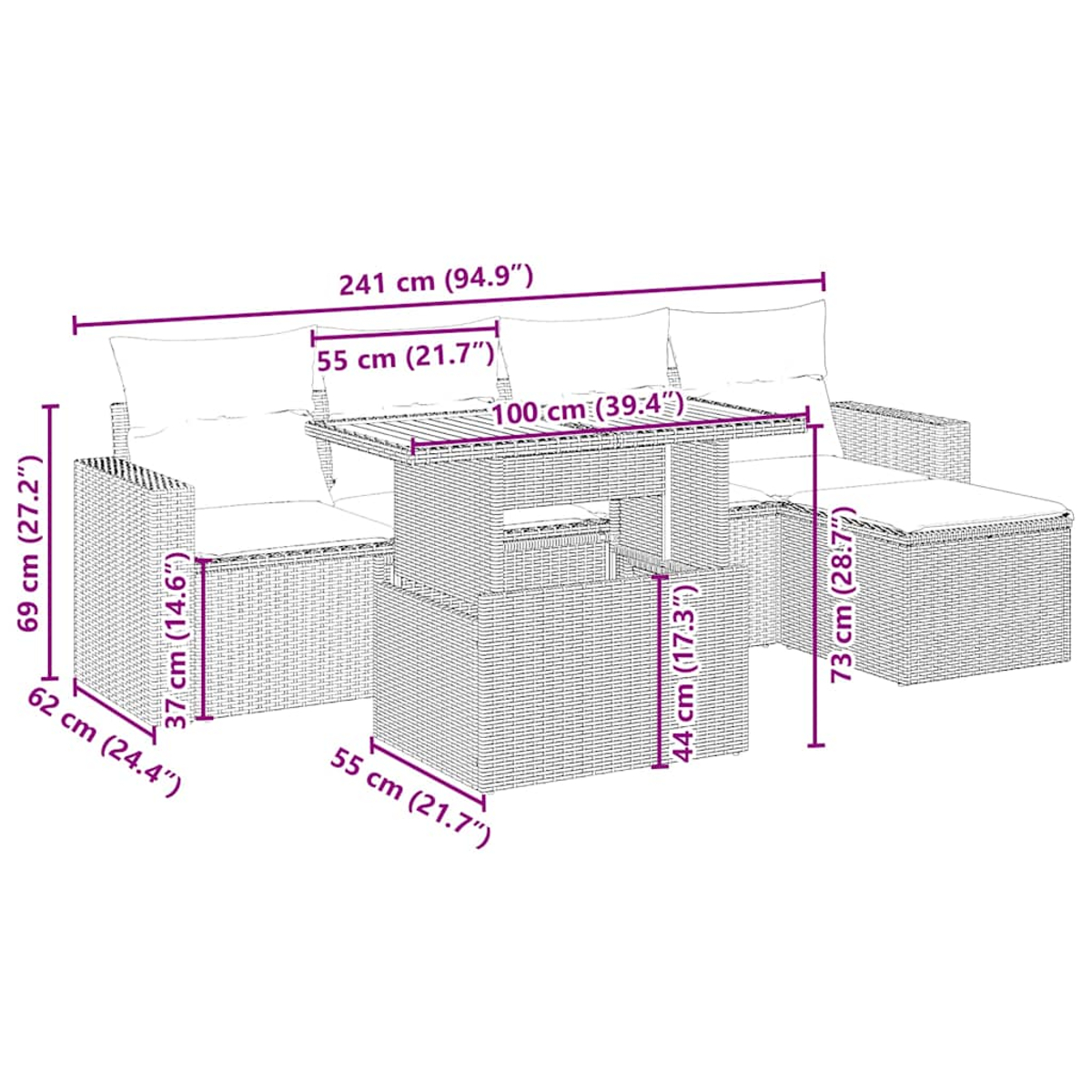 Set di mobili da esterno in rattan con dimensioni etichettate. Include un divano, un tavolo e un pouf, tutti con cuscini bianchi.