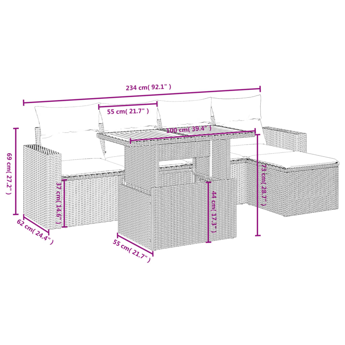 Ein aus Weide geflochtenes Gartenmöbelset, bestehend aus Sofa, Tisch und Ottomane, mit Maßangaben in Zentimetern und Zoll.