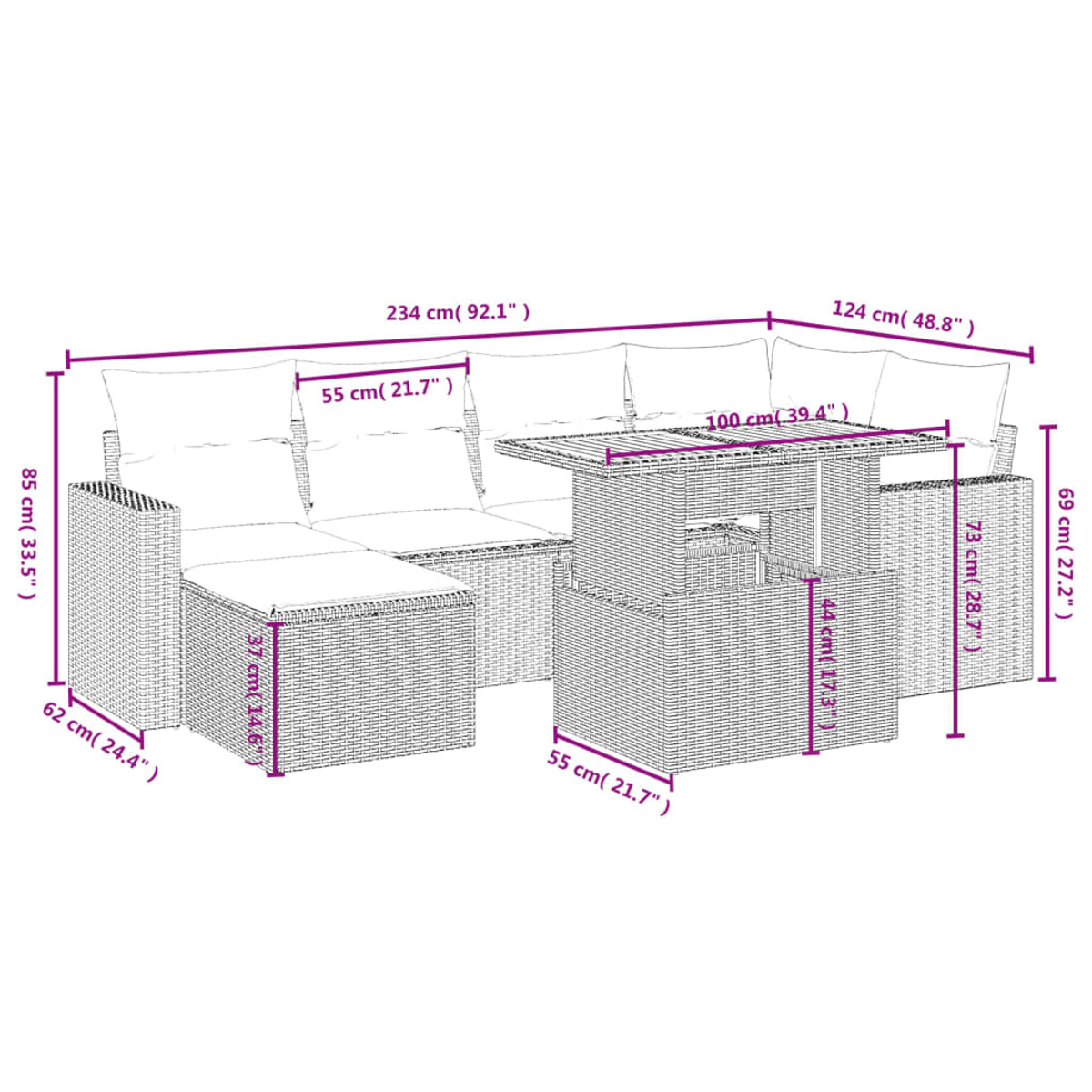 Un set di mobili da esterno in vimini con divano, pouf e tavolo. Le dimensioni sono indicate in cm e pollici. Il set è beige.