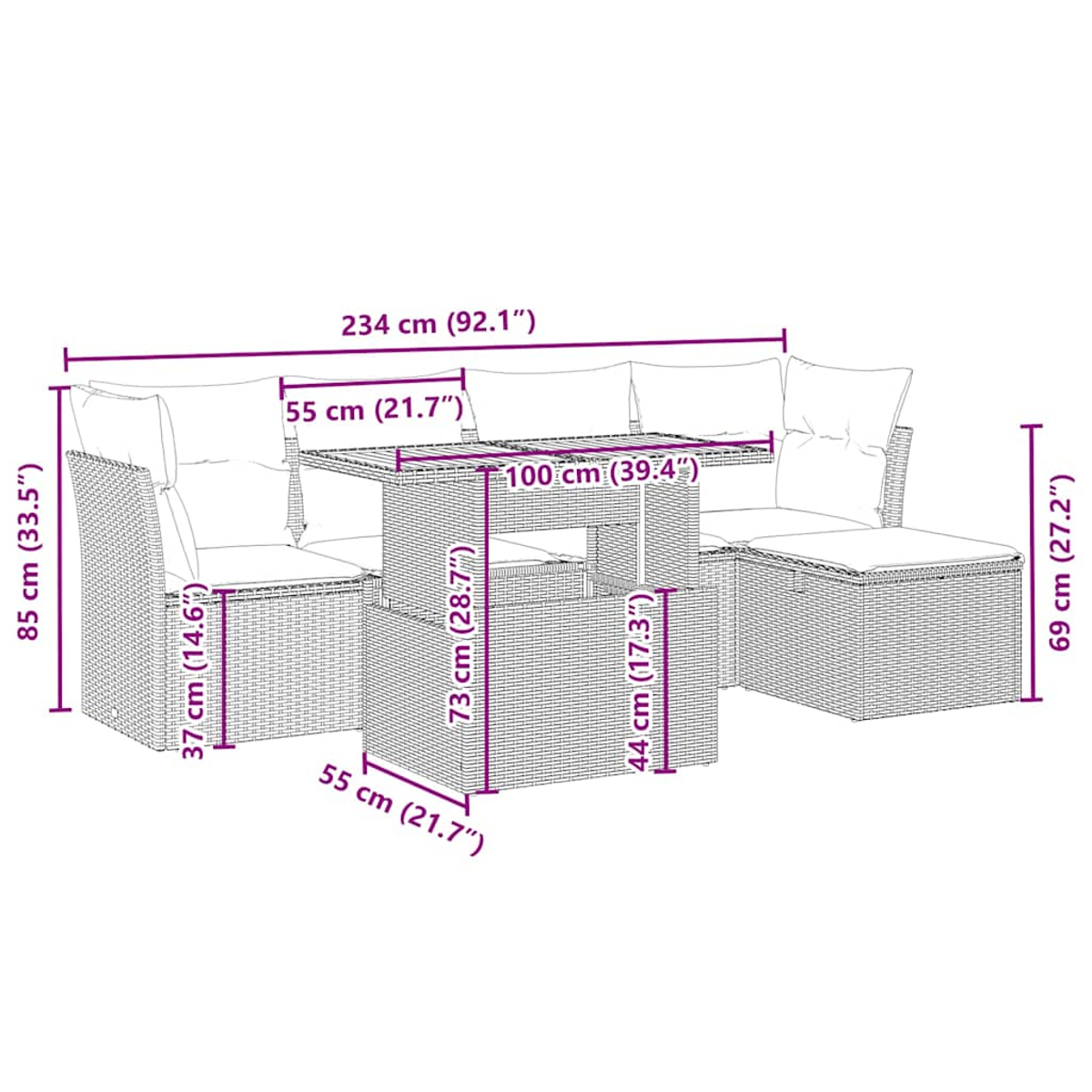 Set di mobili da esterno: un tavolo con divano e due sedie. Le dimensioni sono visualizzate. Il set è in materiale intrecciato con cuscini.