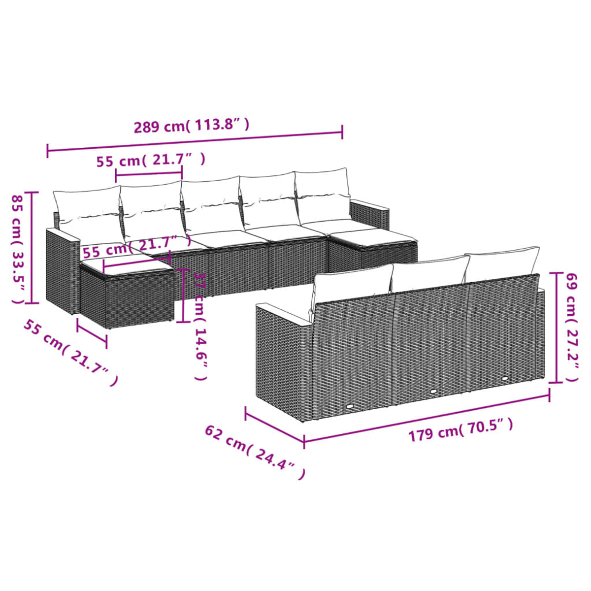 Ein Diagramm zeigt die Abmessungen eines Rattan-Sofasets. Es umfasst ein großes Sofa, ein kleineres und einen Fußhocker, mit Maßen.