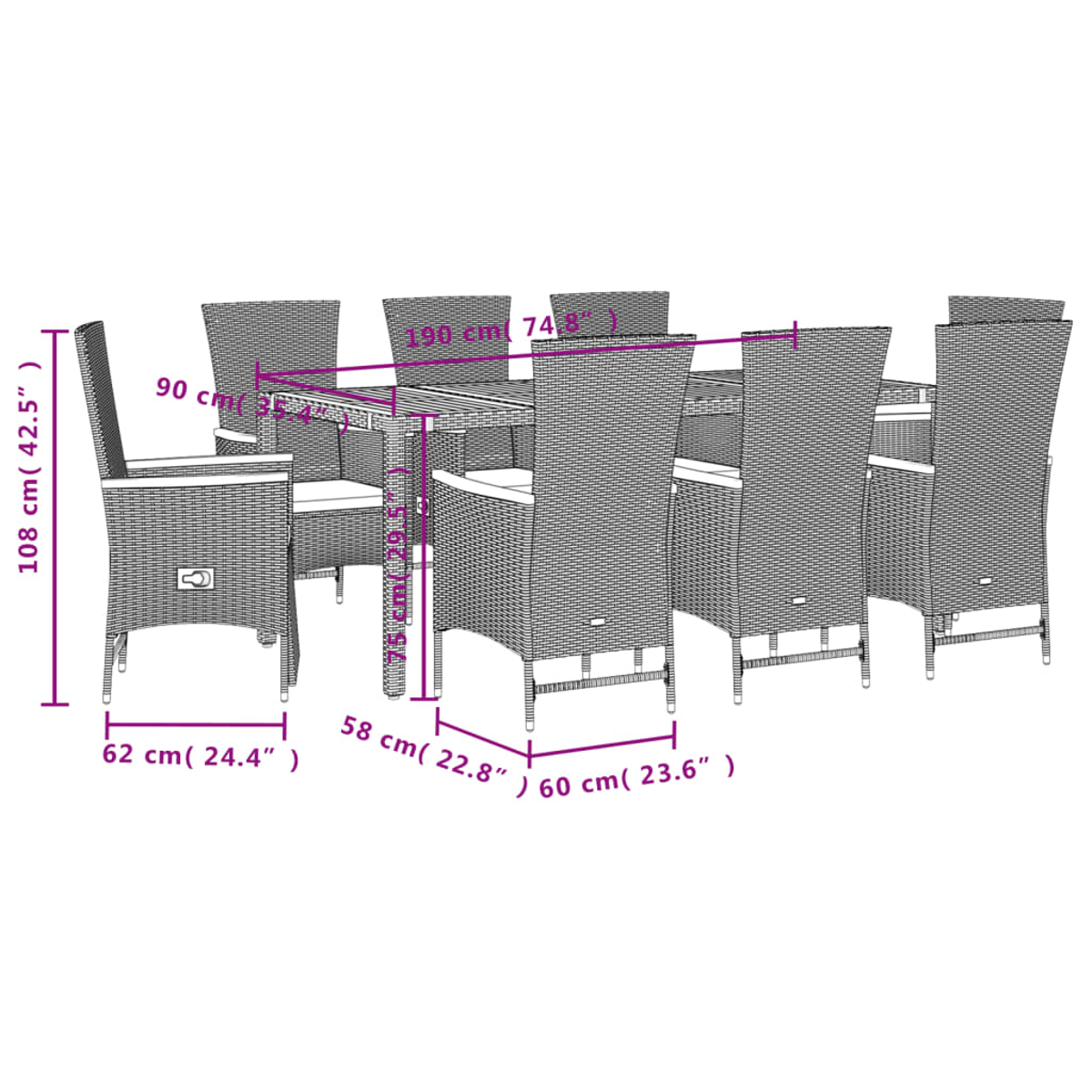 Un set da pranzo da esterno in rattan grigio con tavolo rettangolare e otto sedie. Le dimensioni sono indicate in centimetri.