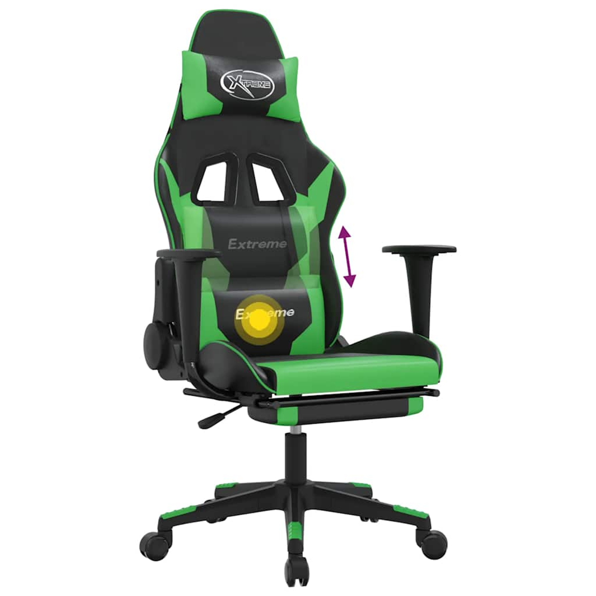 Ein Gaming-Stuhl mit grünem und schwarzem Farbschema. Er hat eine Kopfstütze, verstellbare Armlehnen und eine Fußstütze. Der Stuhl steht auf Rädern.