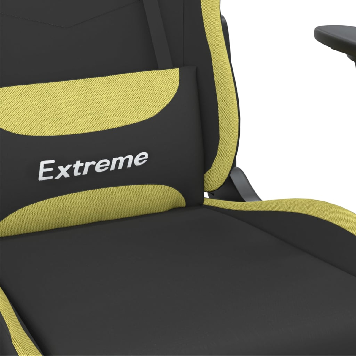 Ein Gaming-Stuhl mit schwarzem und gelbem Farbschema. Der Stuhl hat ein Kopfstützenkissen mit dem Wort "Extreme" darauf.