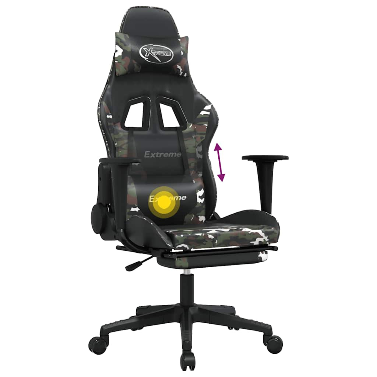 Gaming-Stuhl mit Camouflage-Muster. Er hat eine Kopfstütze, verstellbare Armlehnen und eine Lendenwirbelstütze. Er steht auf einem schwarzen Fuß mit Rollen.