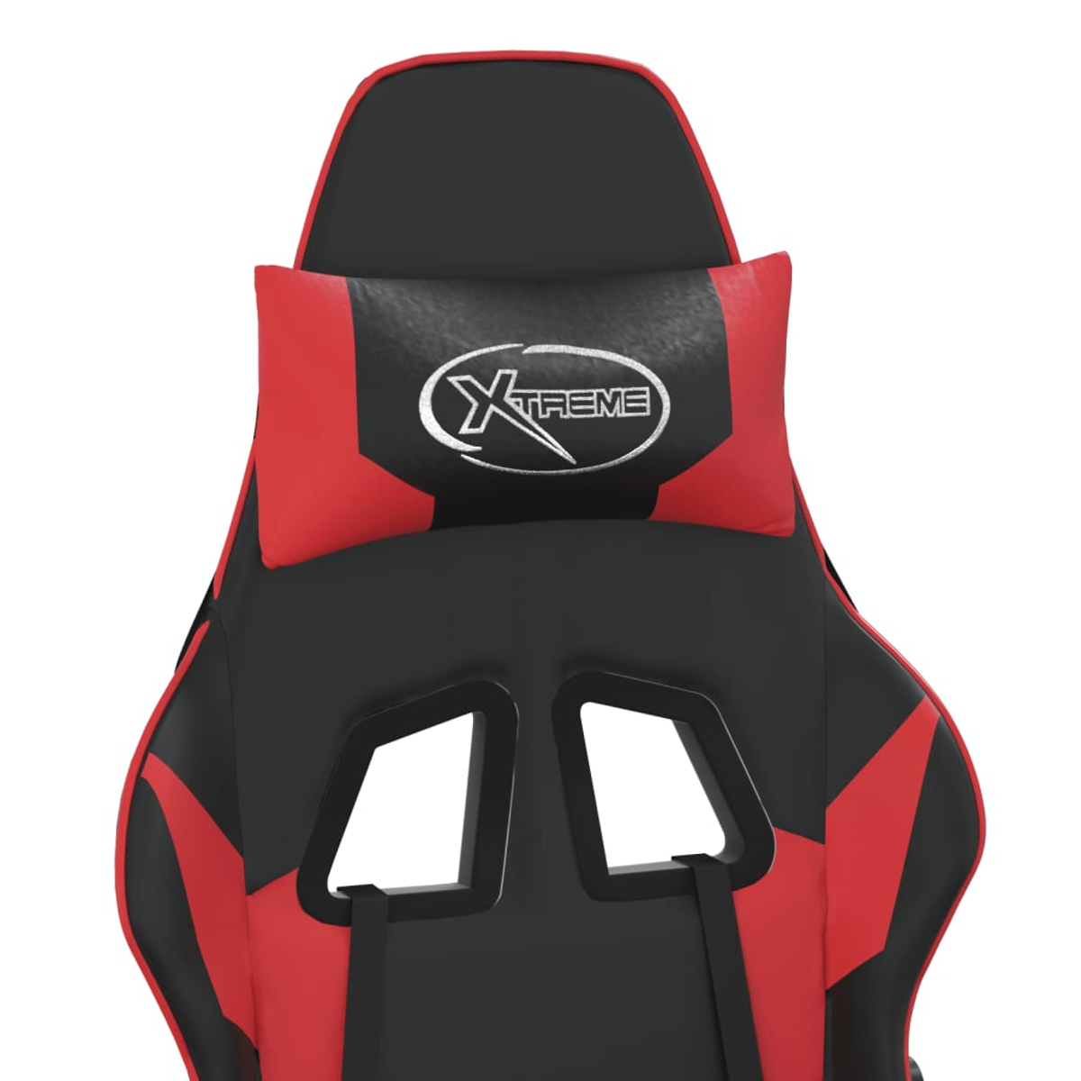 Ein schwarz-roter Gaming-Stuhl mit XTREME-Logo auf der Kopfstütze. Der Stuhl hat eine hohe Rückenlehne und ein Kissen.