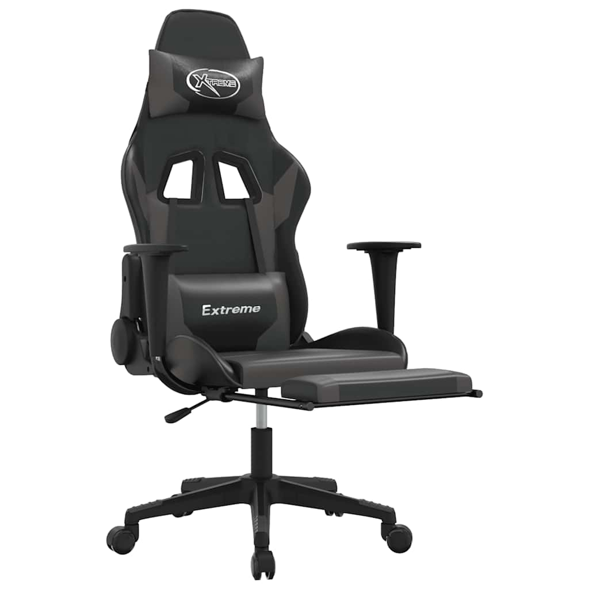 Schwarzer und grauer Gaming-Stuhl mit Fußstütze. Mit 'Extreme'-Logo und 'Xtreme'-Logo auf der Kopfstütze.