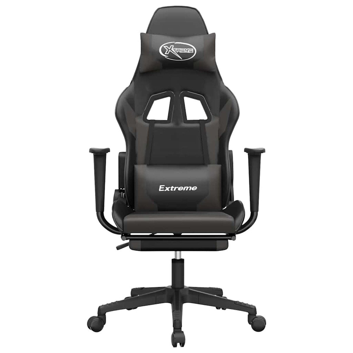 Ein schwarzer Gaming-Stuhl mit dem Wort "Extreme" und "Xtreme" auf den Kissen. Er hat Armlehnen und ein Fünf-Sterne-Gestell mit Rollen.