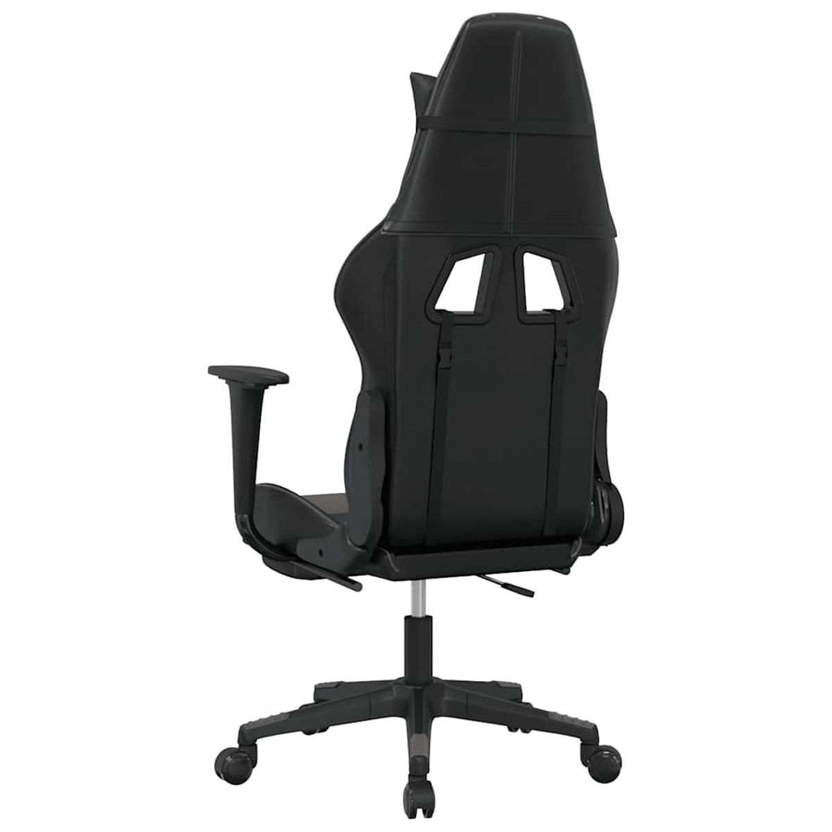 Rückansicht eines schwarzen Gaming-Stuhls. Er hat eine hohe Rückenlehne mit zwei Aussparungen, Armlehnen und einem Fünf-Rollen-Fuß.