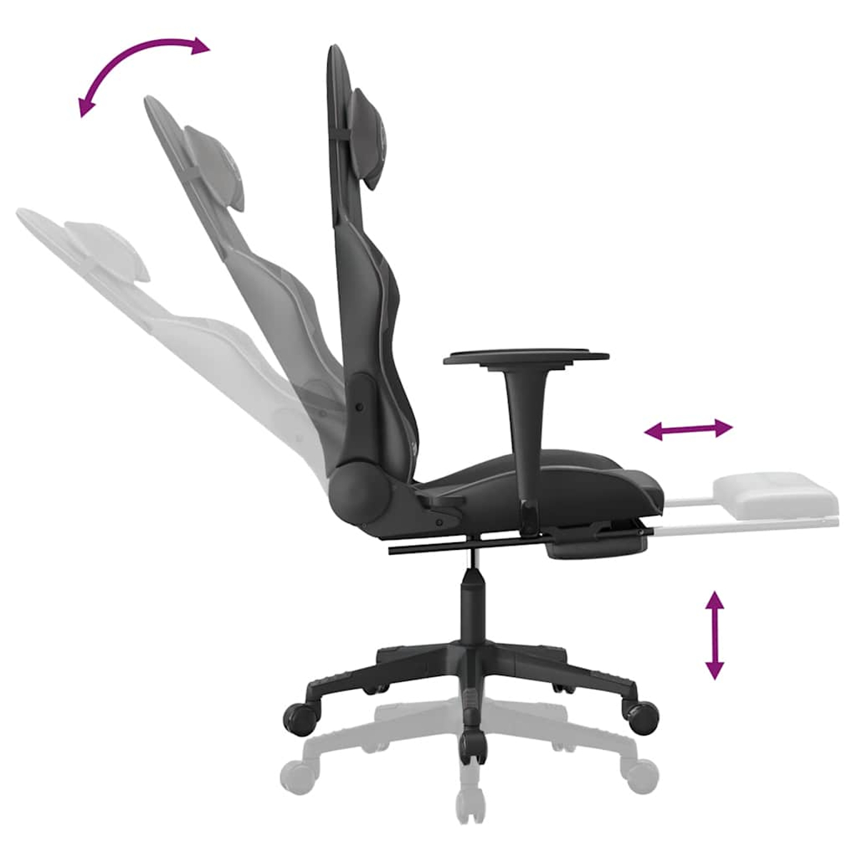 Schwarzer ergonomischer Gaming-Stuhl mit verstellbarer Kopfstütze, Armlehnen und Fußstütze. Pfeile zeigen die Richtung der Verstellung.