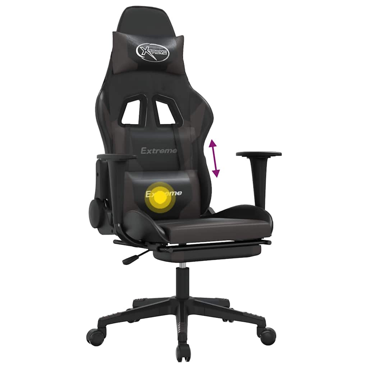 Schwarzer Gaming-Stuhl mit Kopfstütze, Lendenwirbelstütze und Armlehnen. Mit Extreme-Logo und höhenverstellbar, vor weißem Hintergrund.