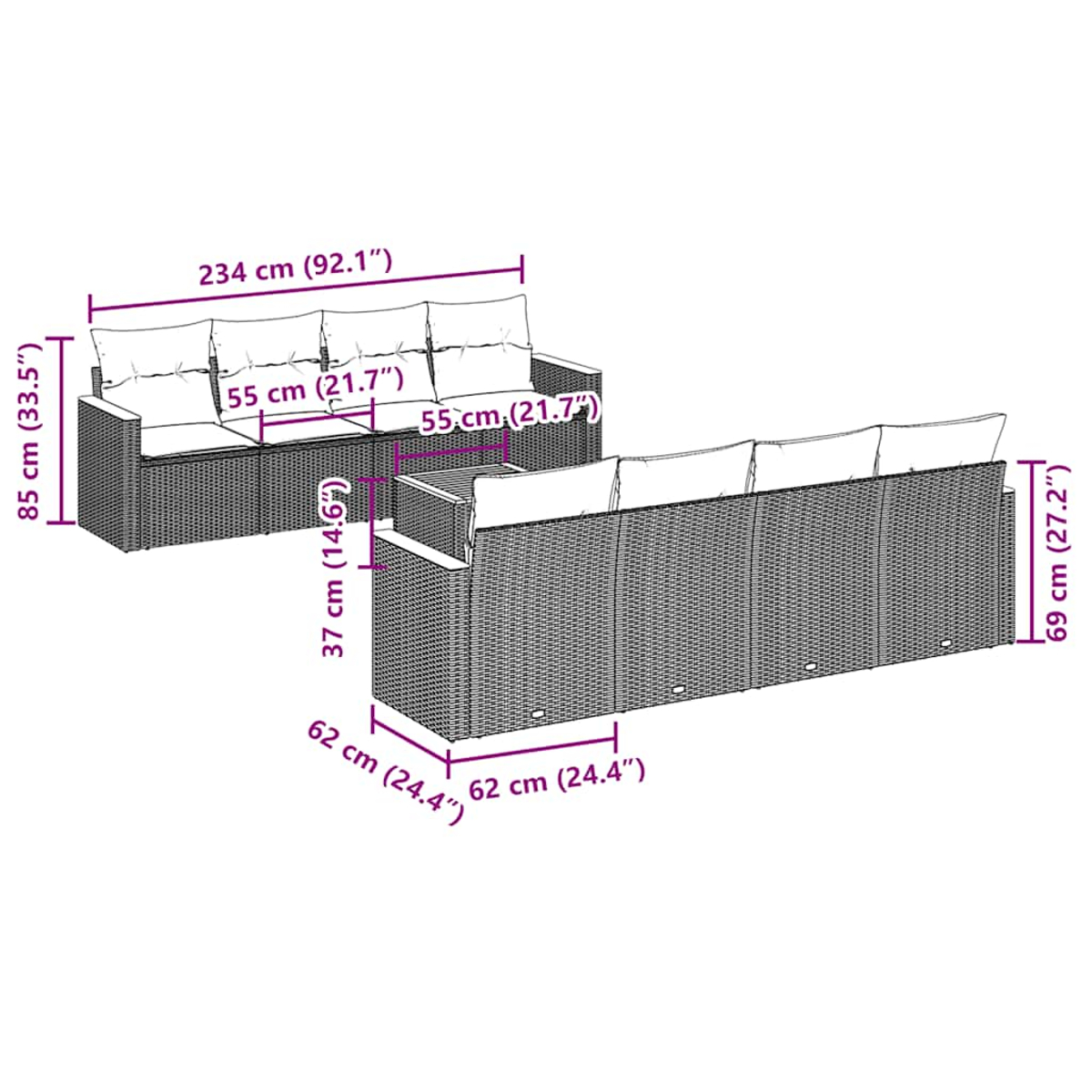 Zwei Korbs Sofas mit weißen Kissen. Abmessungen sind angegeben. Ein Sofa ist 234 cm lang, das andere 62 cm. Beide sind draußen.