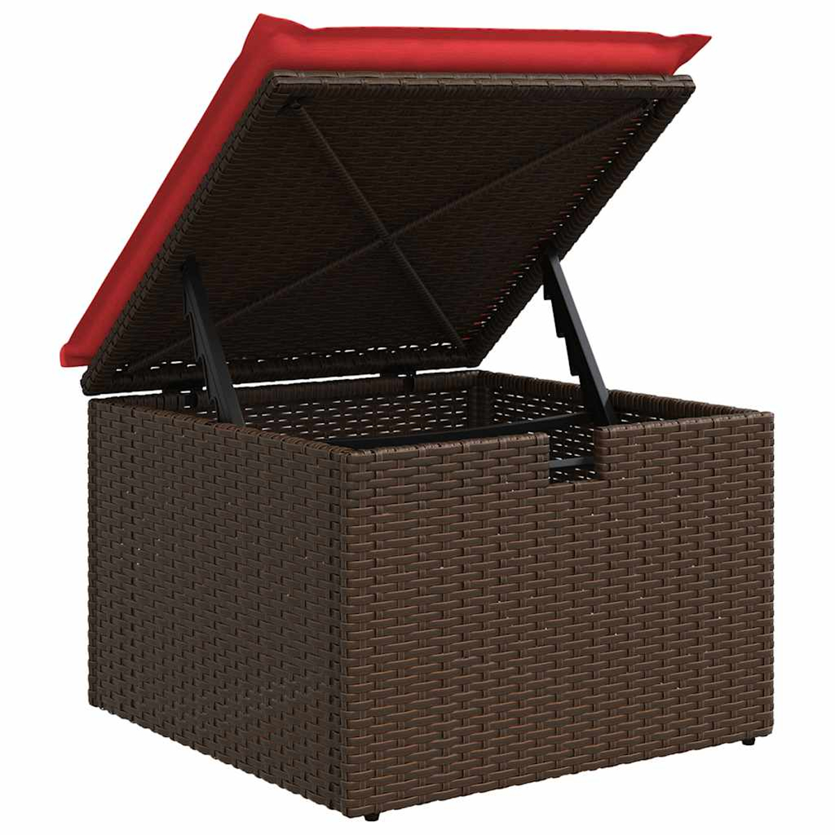 Eine braune Weidenholz-Aufbewahrungsbox mit einem roten Kissen auf dem offenen Deckel. Der Deckel wird von schwarzen Metallscharnieren getragen.