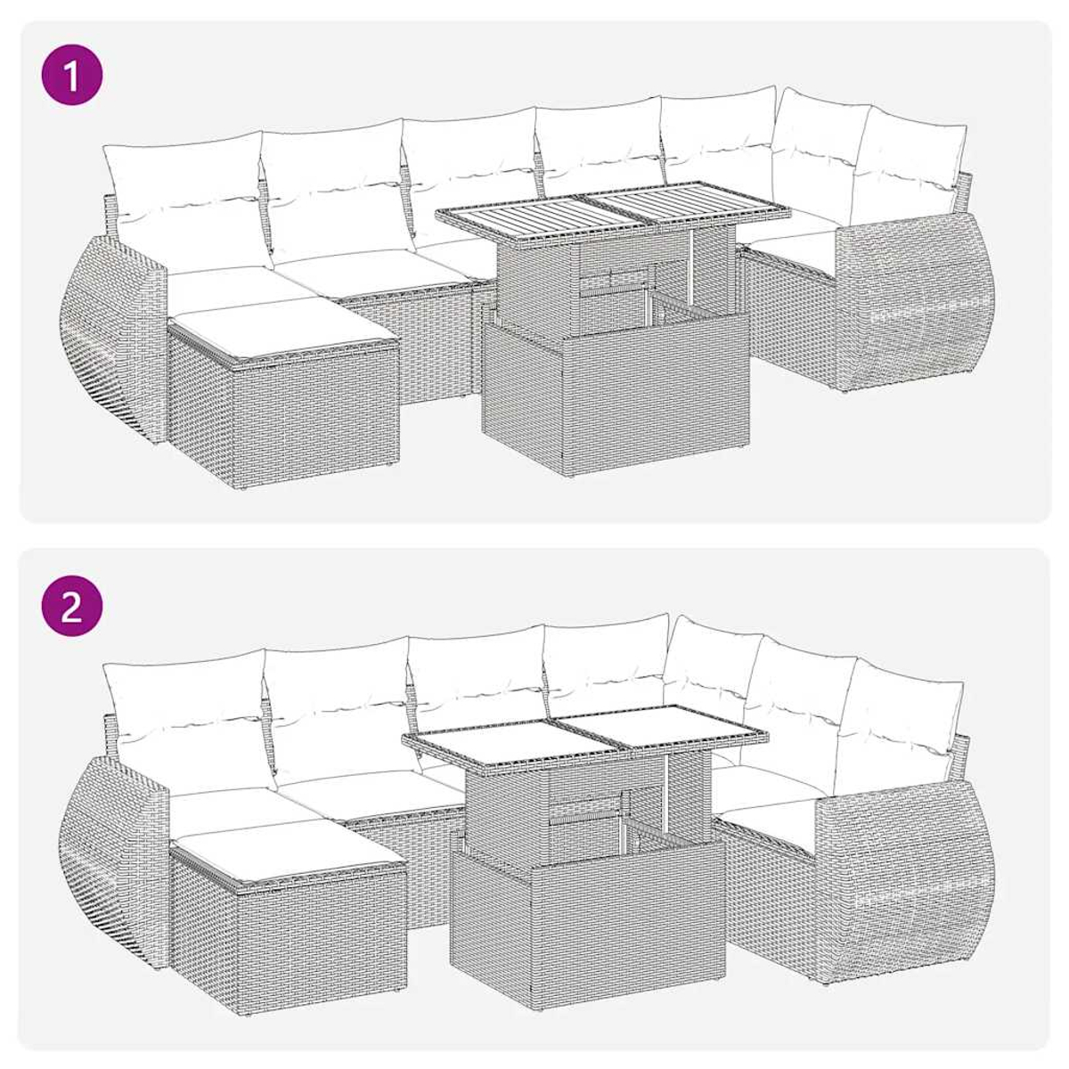 Zwei Diagramme von Gartenmöbel-Sets. Jedes Set umfasst ein Sofa, eine Ottomane und einen Tisch, alle in einem korbartigen Design.