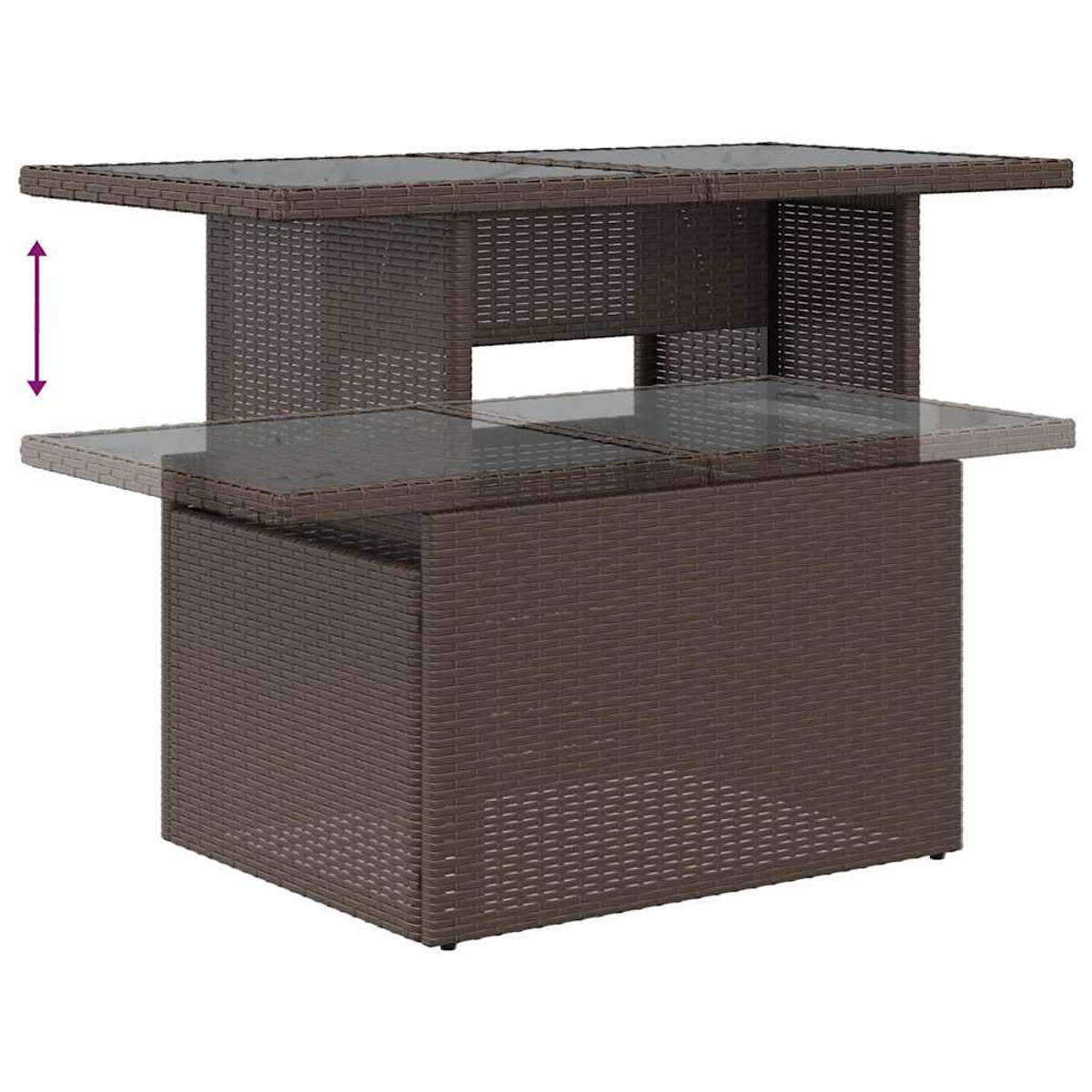 Brauner Korbtisch mit Glasplatte. Die Tischplatte ist ausziehbar. Pfeil zeigt die Ausrichtung.